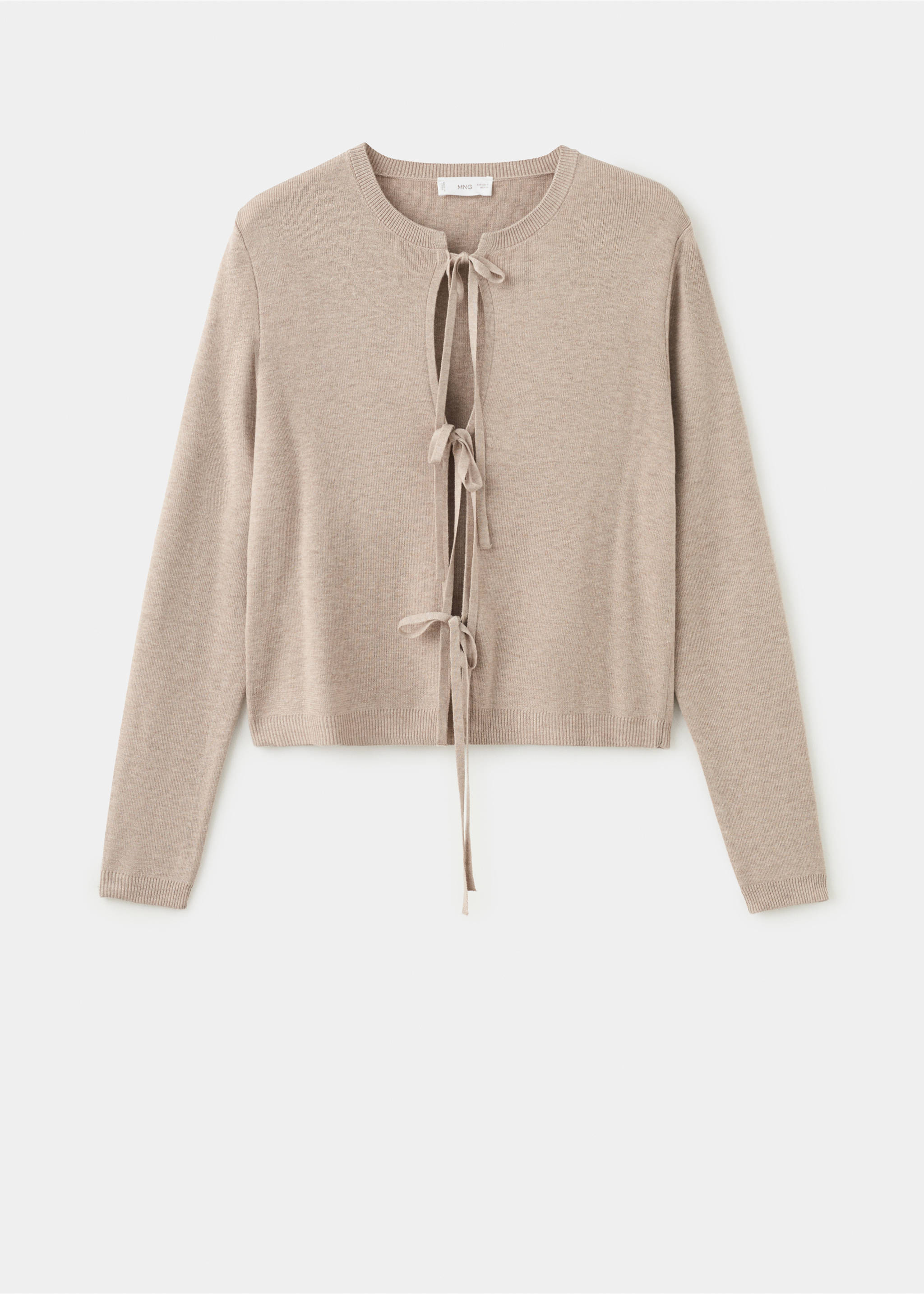 Beige knit cardigan with a round neckline and front ribbon ties., Sand. Ref: 27044048-00.