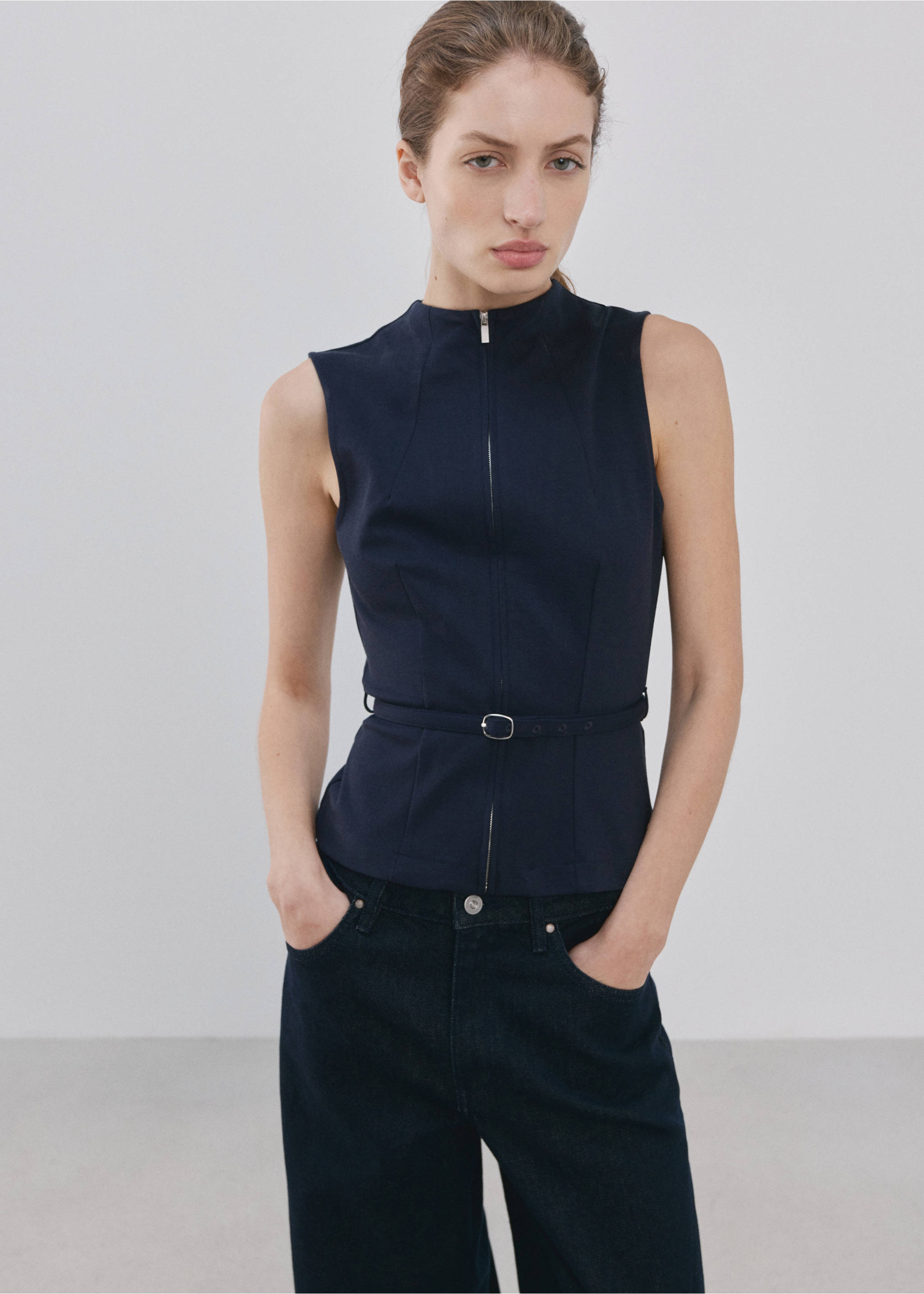 Zipper fitted waistcoat - Medium plane, Dark Navy. Ref: 27044079-00.