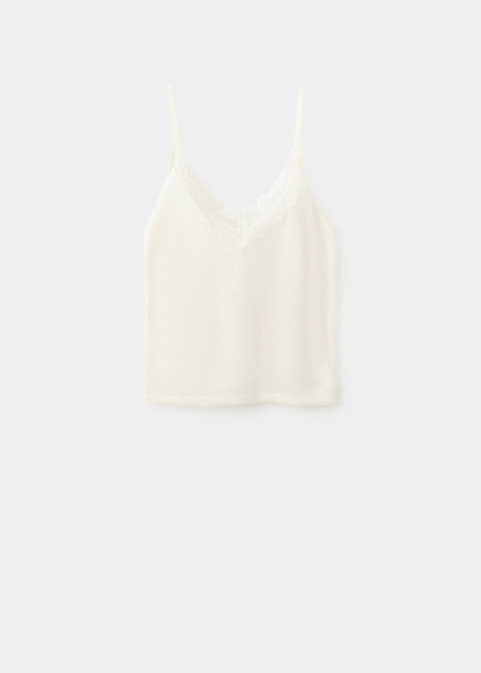 White ribbed camisole top with thin straps and a lace V-neckline.