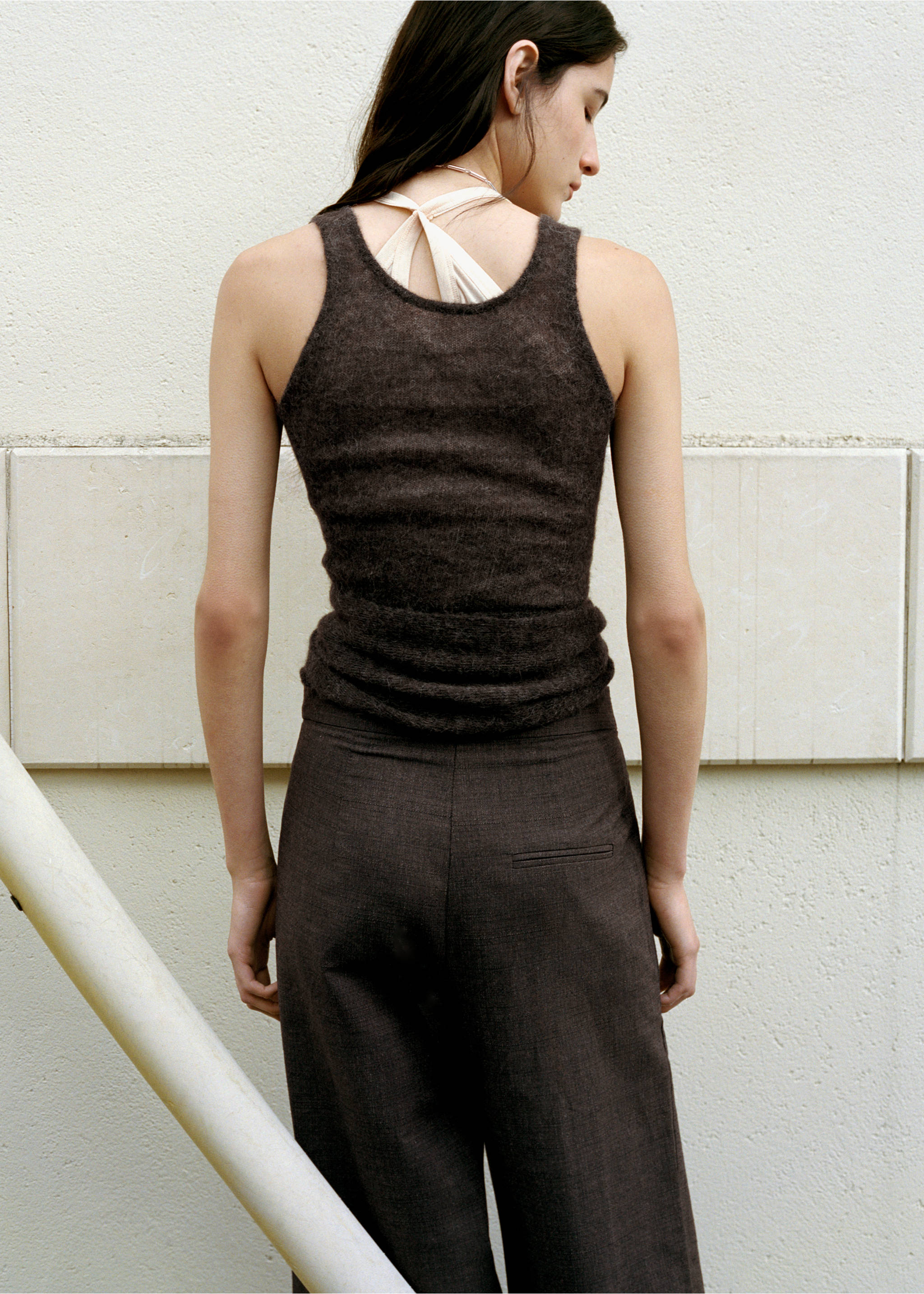 Asymmetric semi-transparent alpaca top - Reverse of the article, Medium Brown. Ref: 27044444-00.