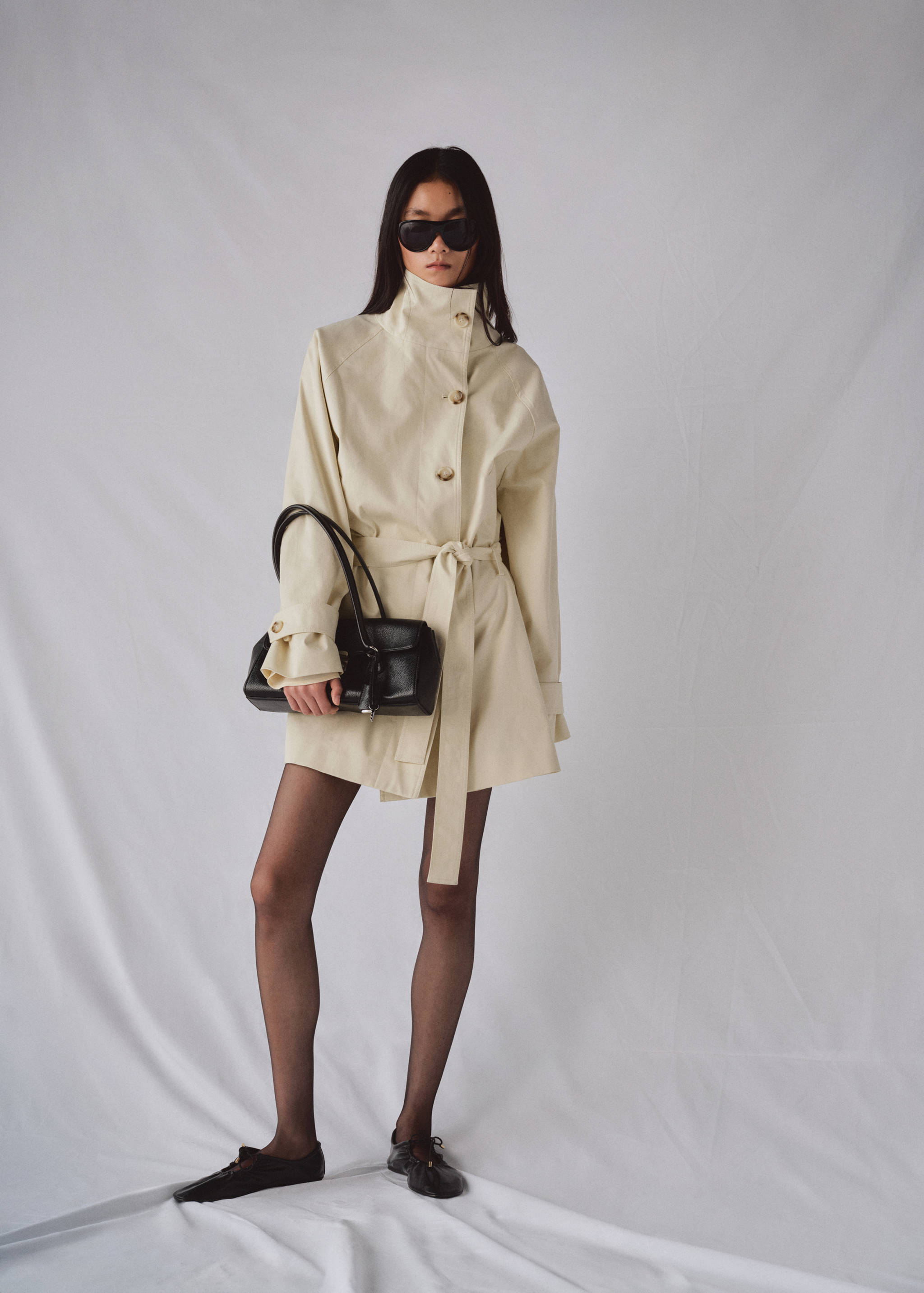 Funnel neck belted trench coat - General plane