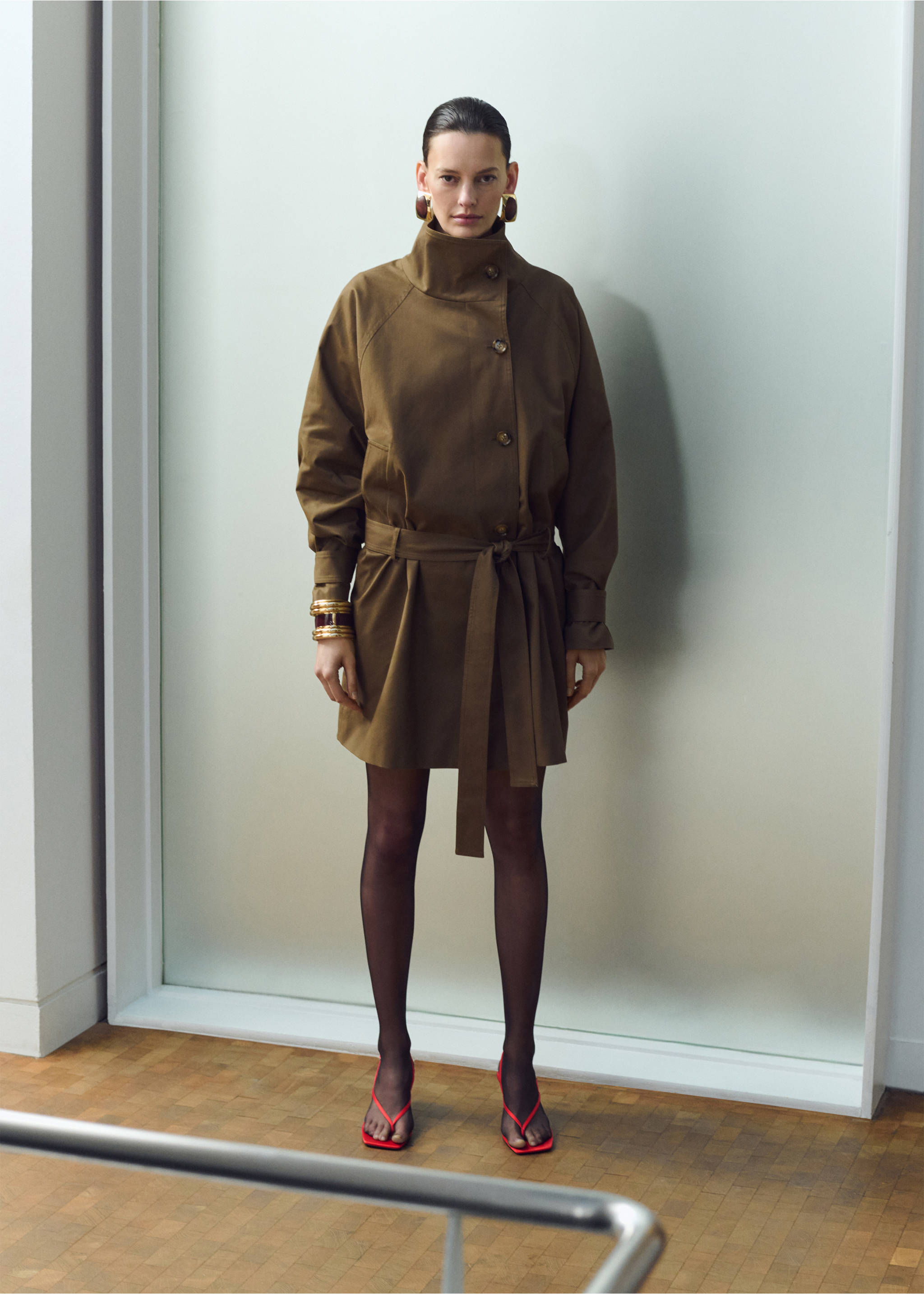Funnel neck belted trench coat - General plane, Medium Brown. Ref: 27044775-00.
