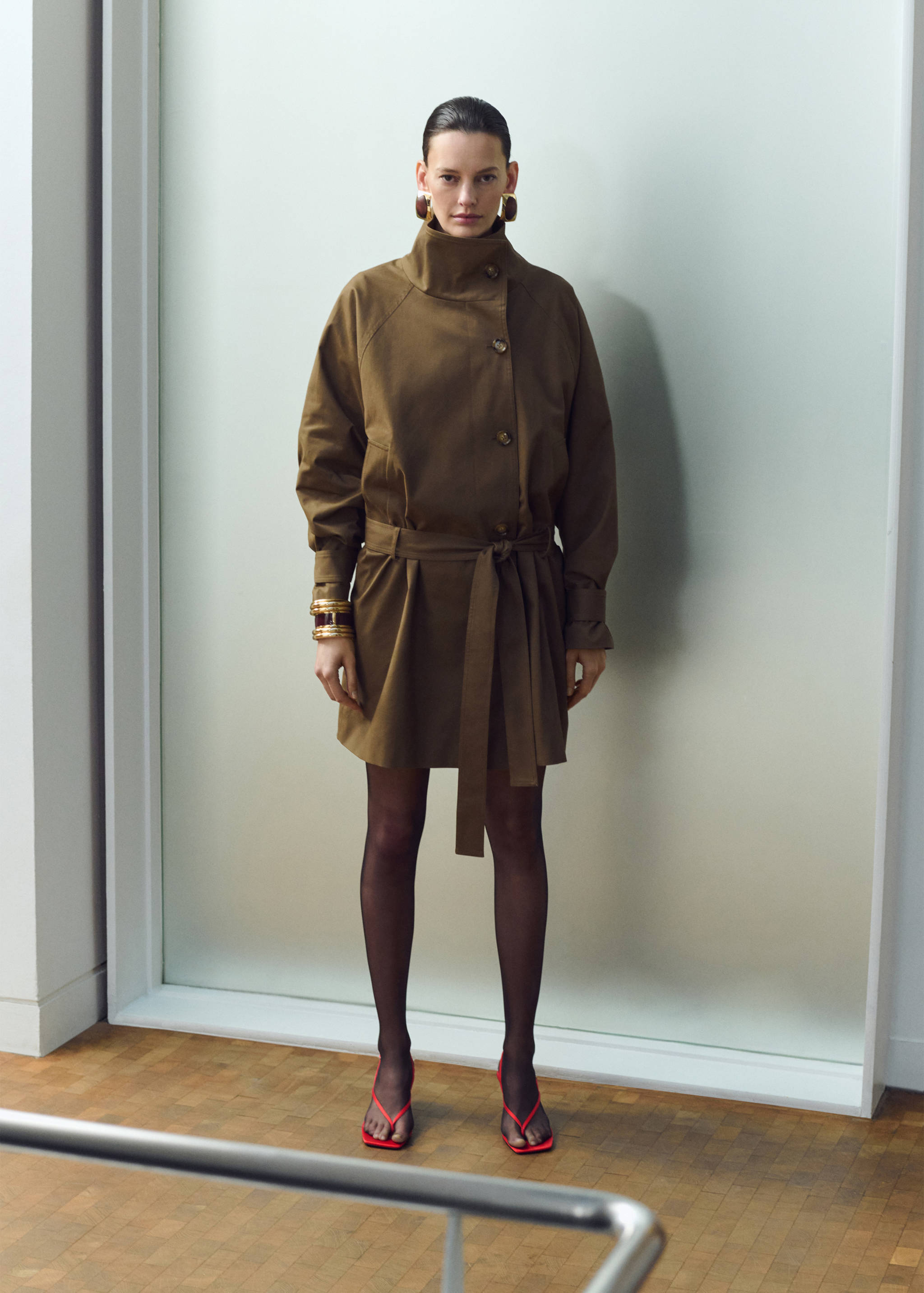 Funnel neck belted trench coat - General plane