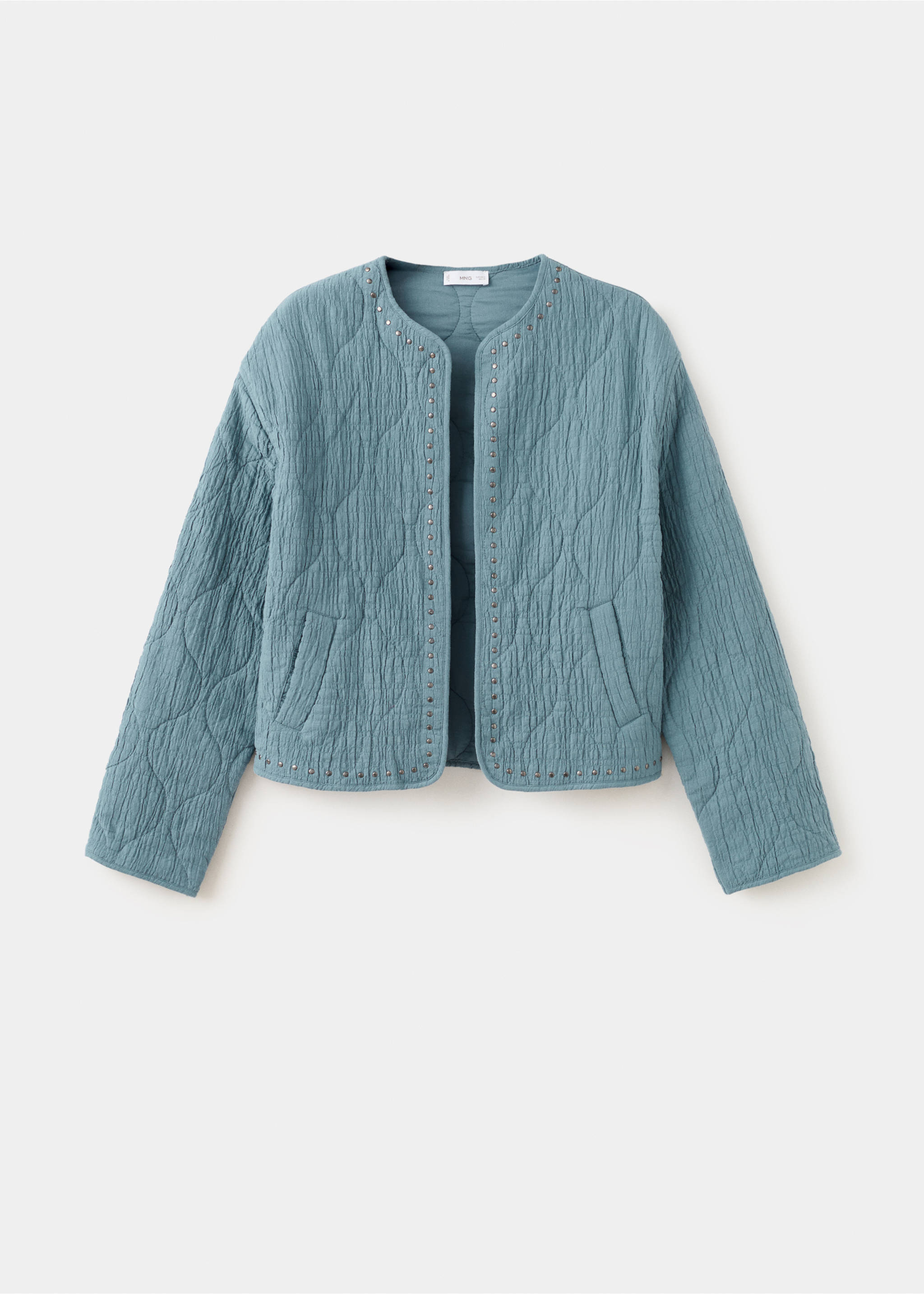Teal blue quilted jacket with a collarless neckline and metallic stud trim., Petrol Blue. Ref: 27045156-00.