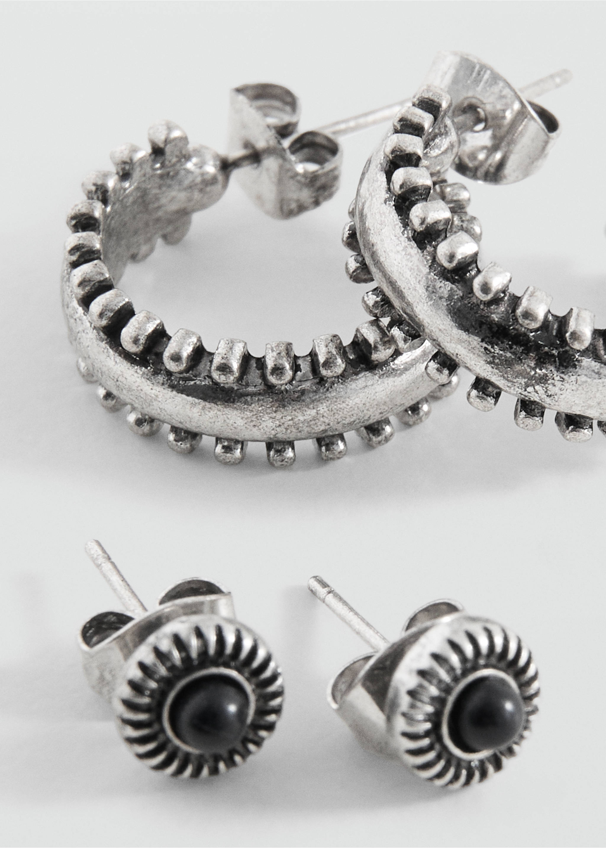Silver-toned hoop and black-stone stud earrings set., Silver. Ref: 27045161-00.