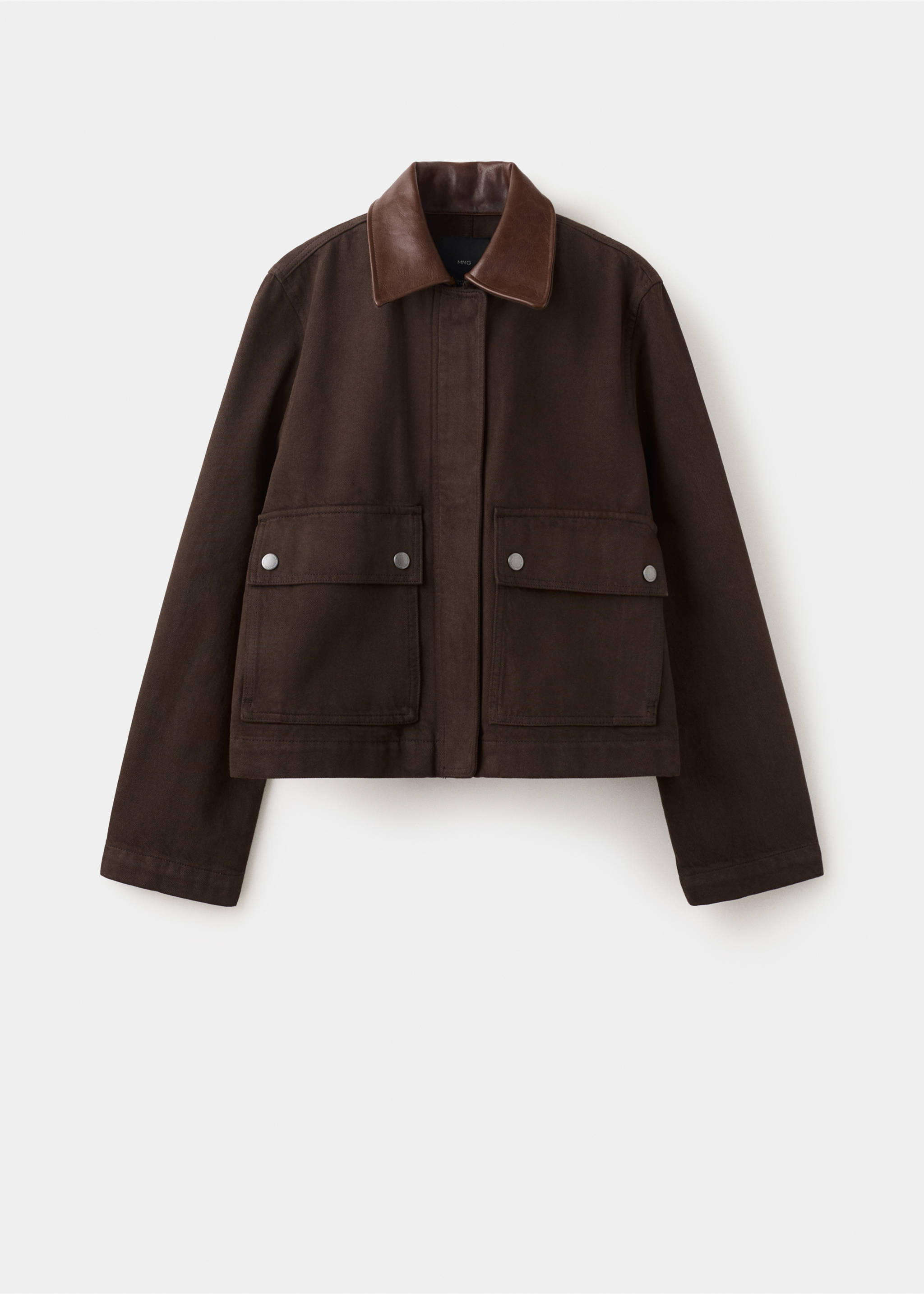 Brown jacket with a contrast leather collar and front flap pockets., Chocolate. Ref: 27045819-00.