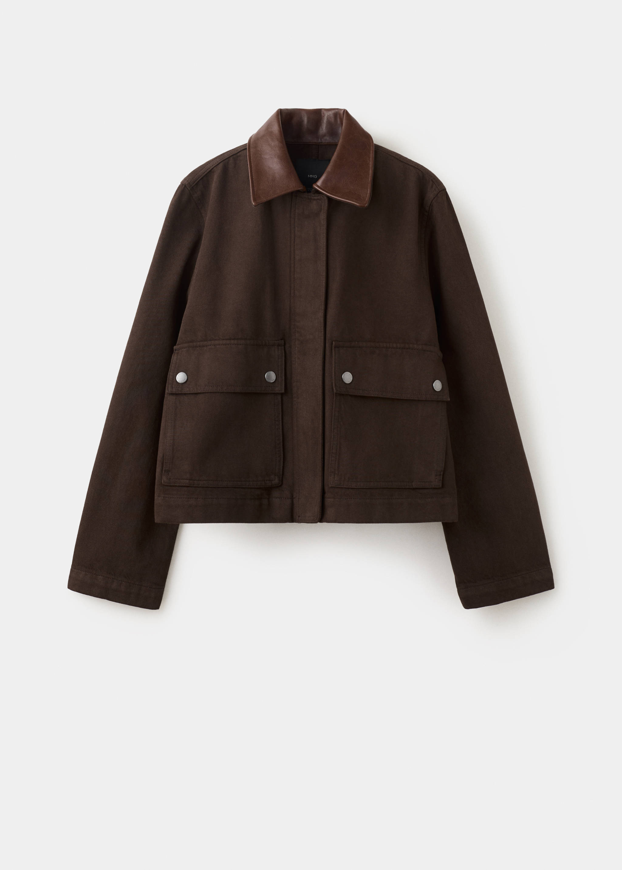 Brown jacket with a contrast leather collar and front flap pockets.