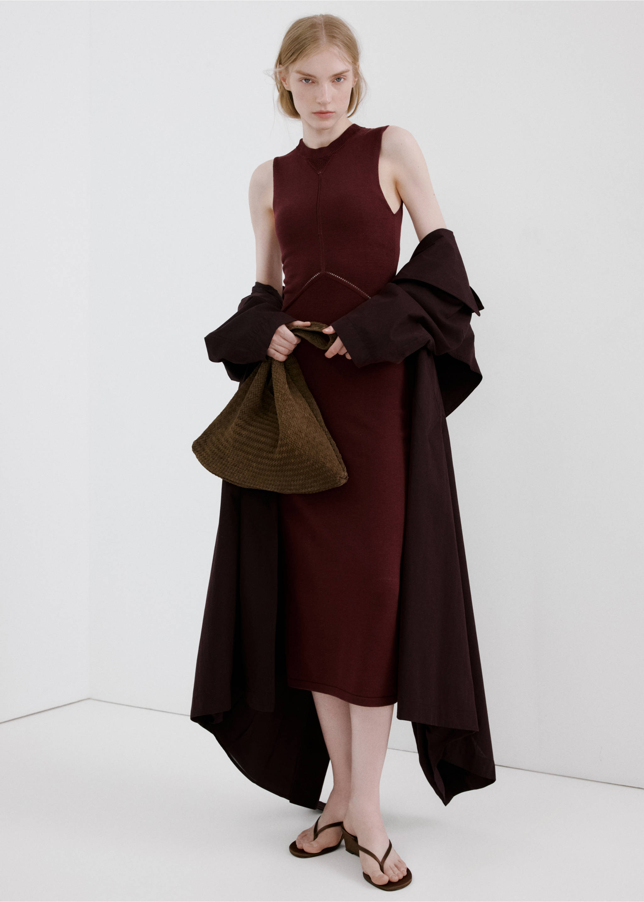 Burgundy sleeveless knit midi dress with a mock neckline., Wine. Ref: 27045824-00.