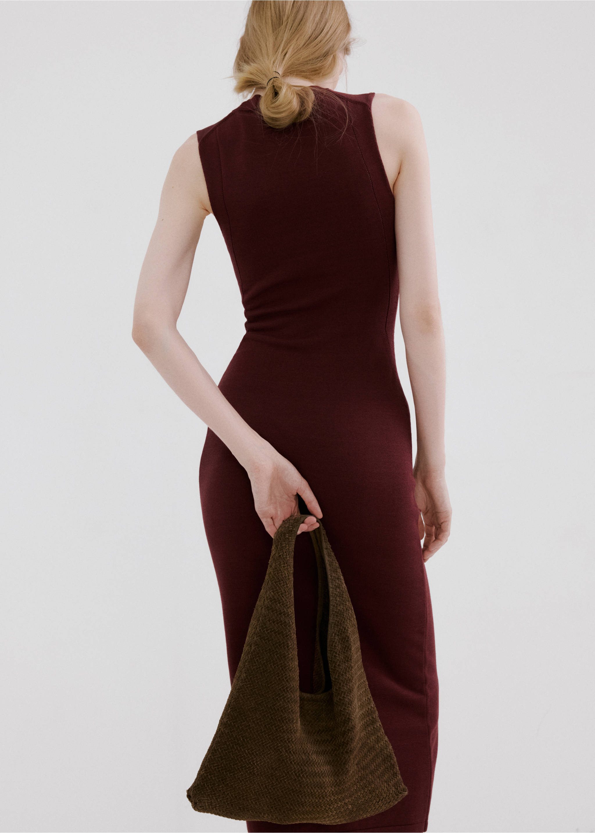 Back view of a dark burgundy sleeveless fitted knit dress., Wine. Ref: 27045824-00.