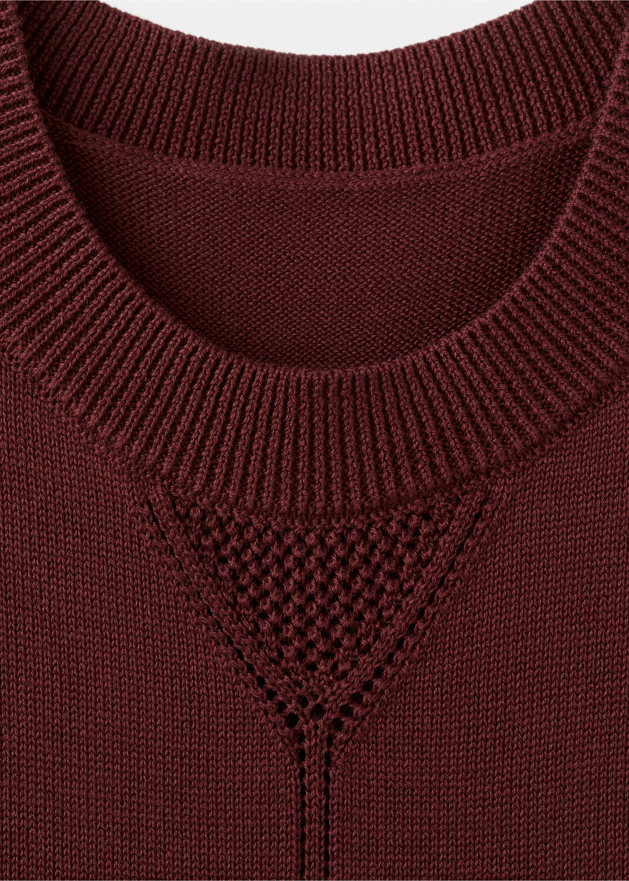 Burgundy knit dress neckline detail with ribbed collar and triangular mesh inset., Wine. Ref: 27045824-00.