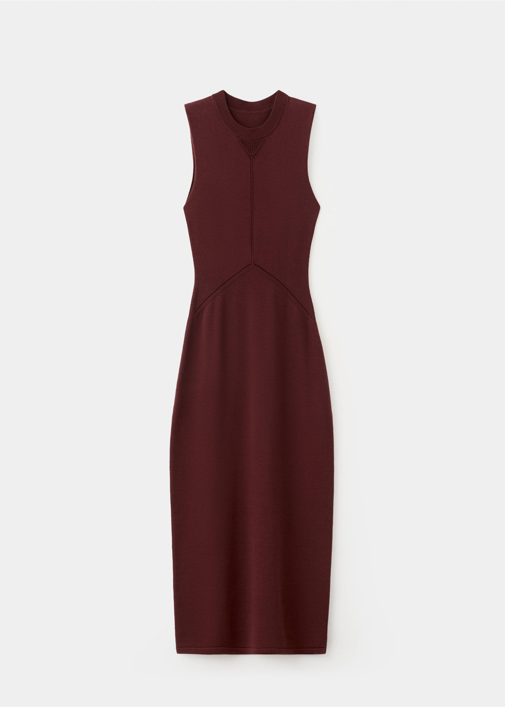 Maroon sleeveless knitted dress with a round neck and ribbed seam details., Wine. Ref: 27045824-00.