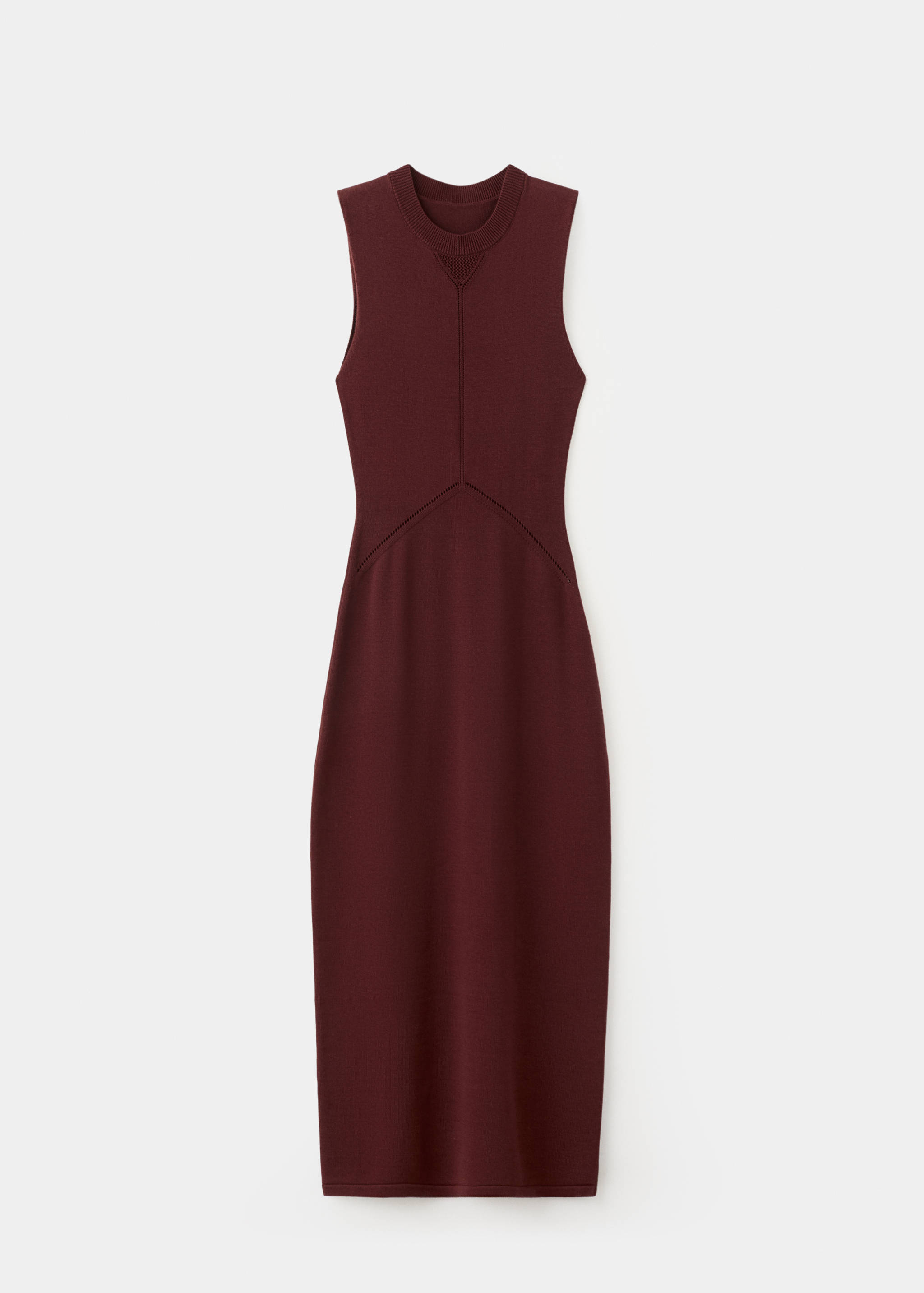 Maroon sleeveless knitted dress with a round neck and ribbed seam details.