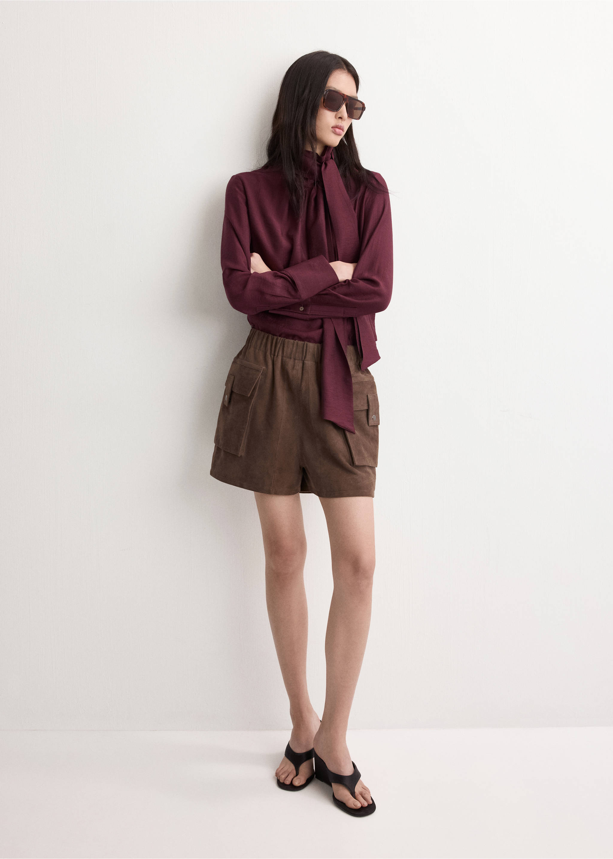 Long-sleeve blouse with a scarf collar - General plane, Maroon. Ref: 27045831-00.