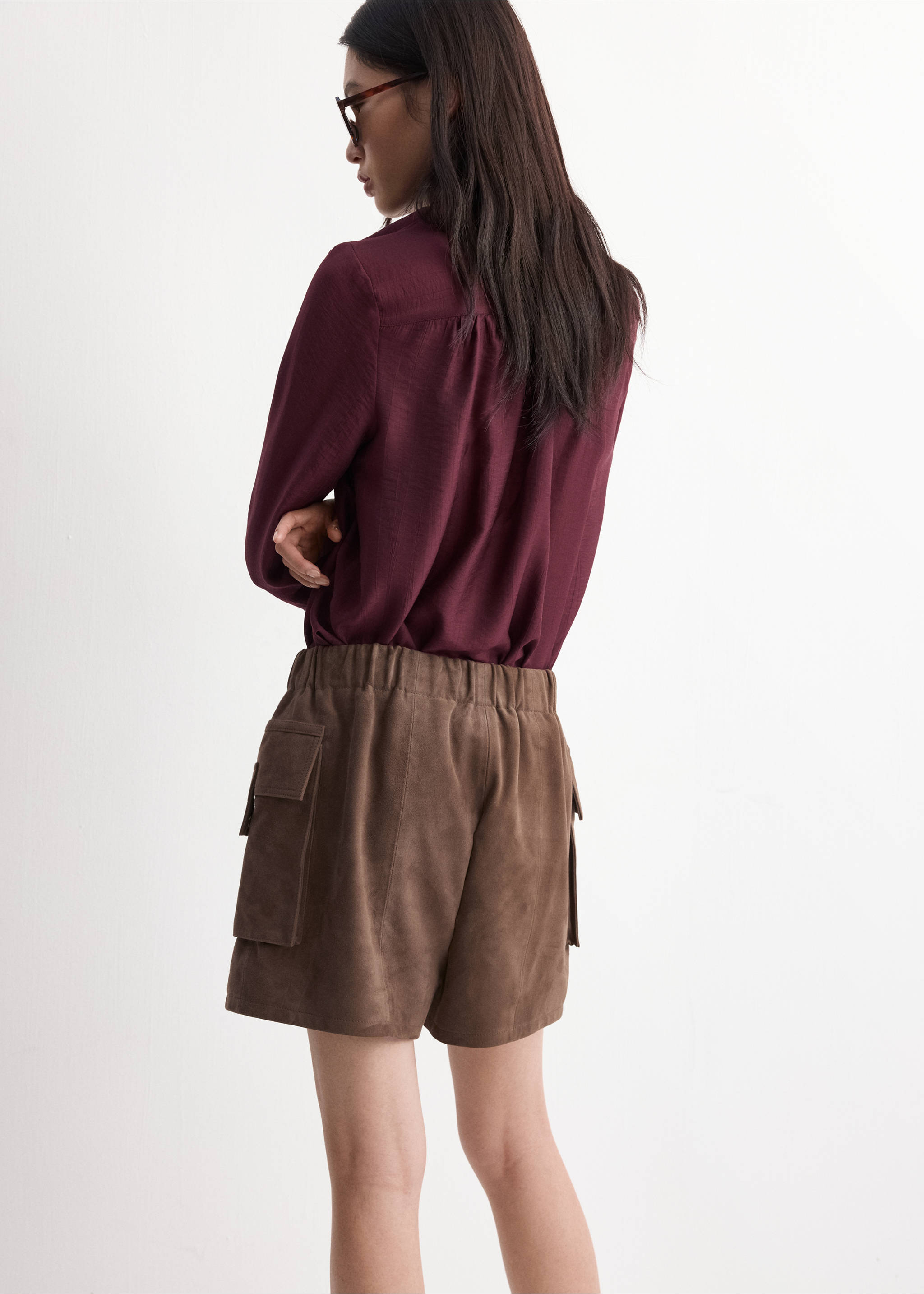 Long-sleeve blouse with a scarf collar - Reverse of the article, Maroon. Ref: 27045831-00.