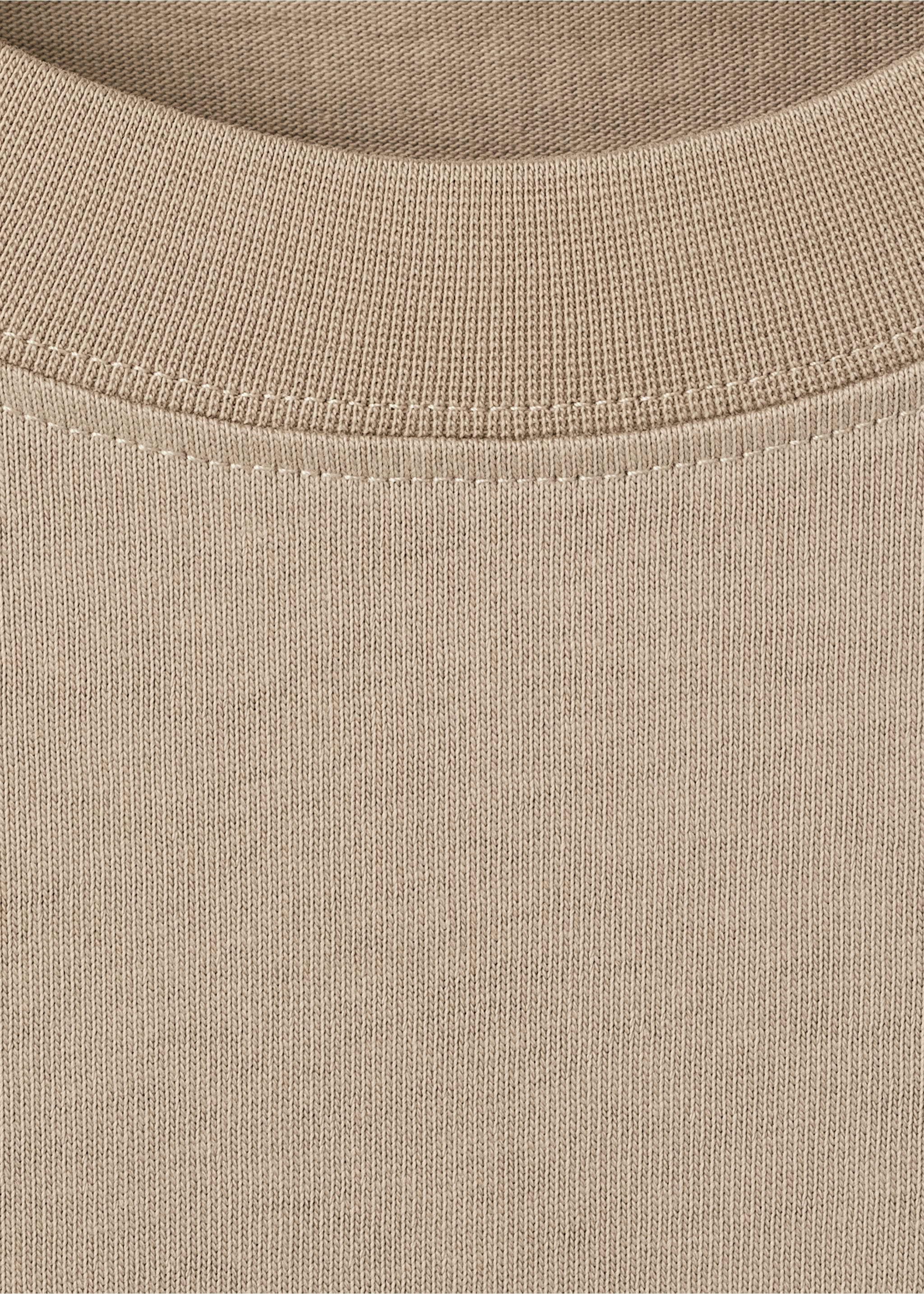 Beige t-shirt detail showing a ribbed crew neck and fine knit., Beige. Ref: 27045990-00.
