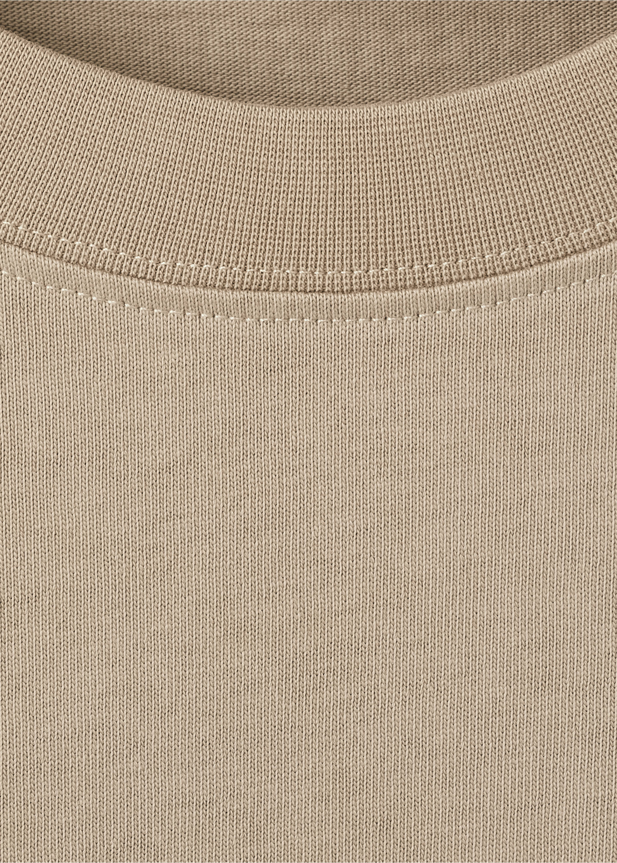 Close-up of a beige t-shirt with a ribbed crew neck., Beige. Ref: 27045990-00.