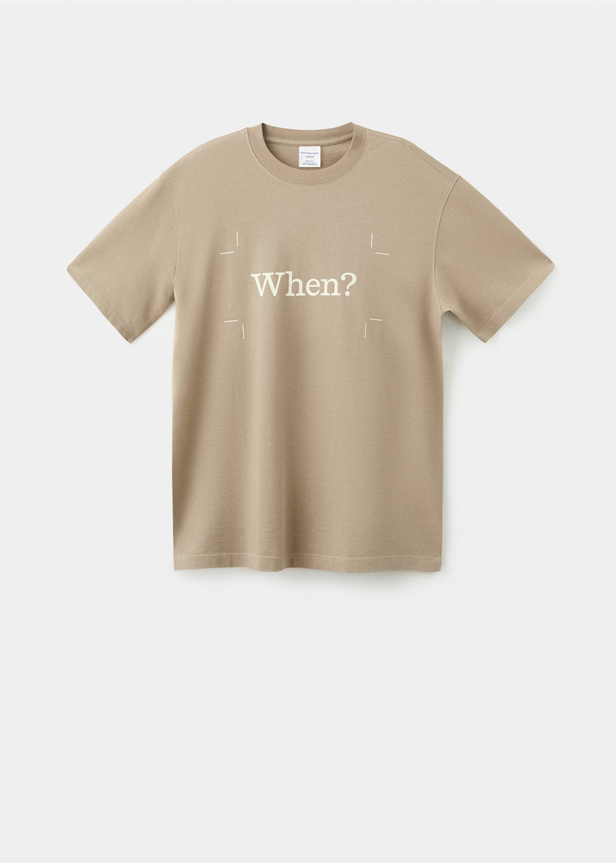 Beige short-sleeved crew-neck t-shirt with a white "When?" graphic print., Beige. Ref: 27045990-00.