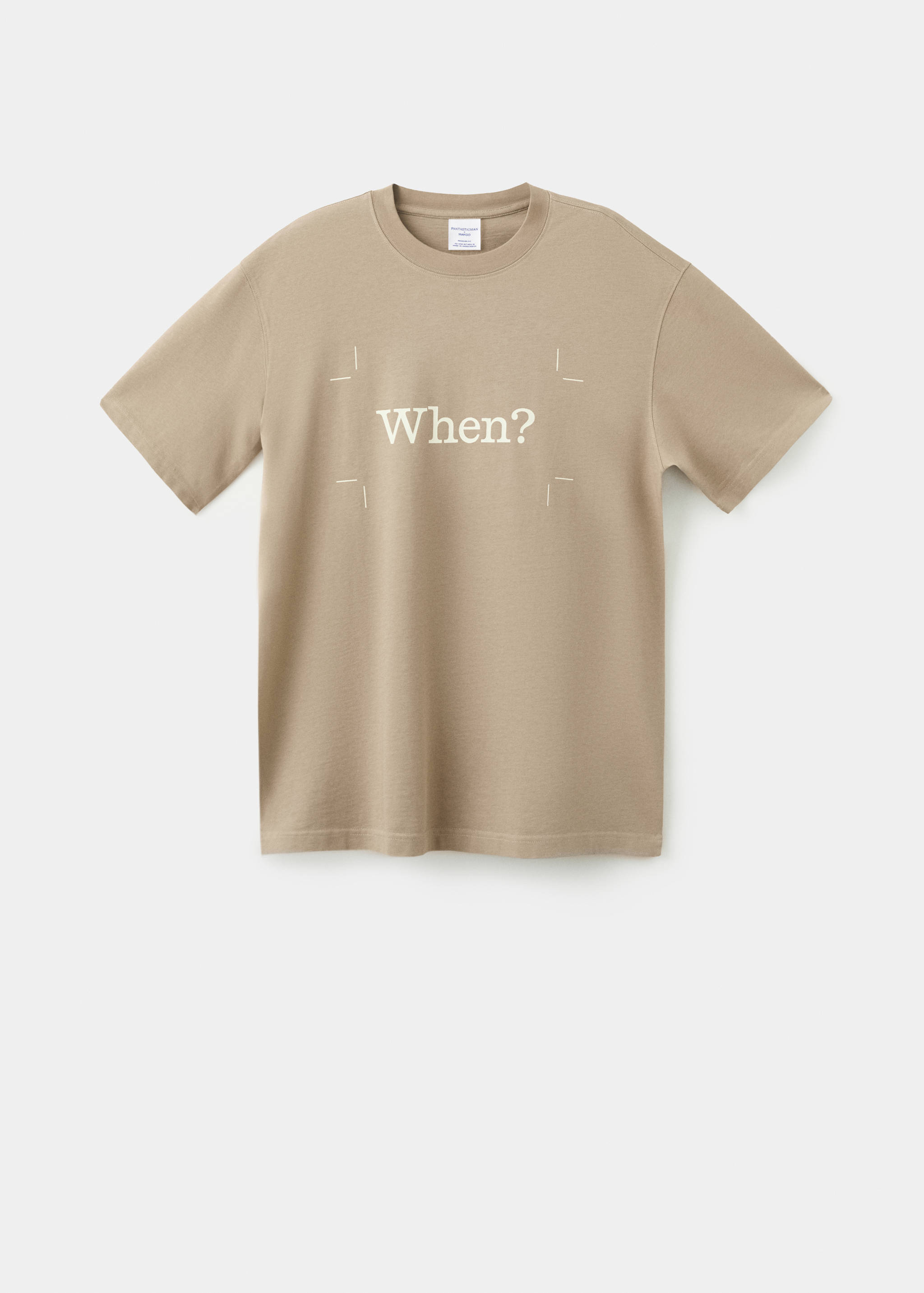 Beige short-sleeved crew-neck t-shirt with a white "When?" graphic print.