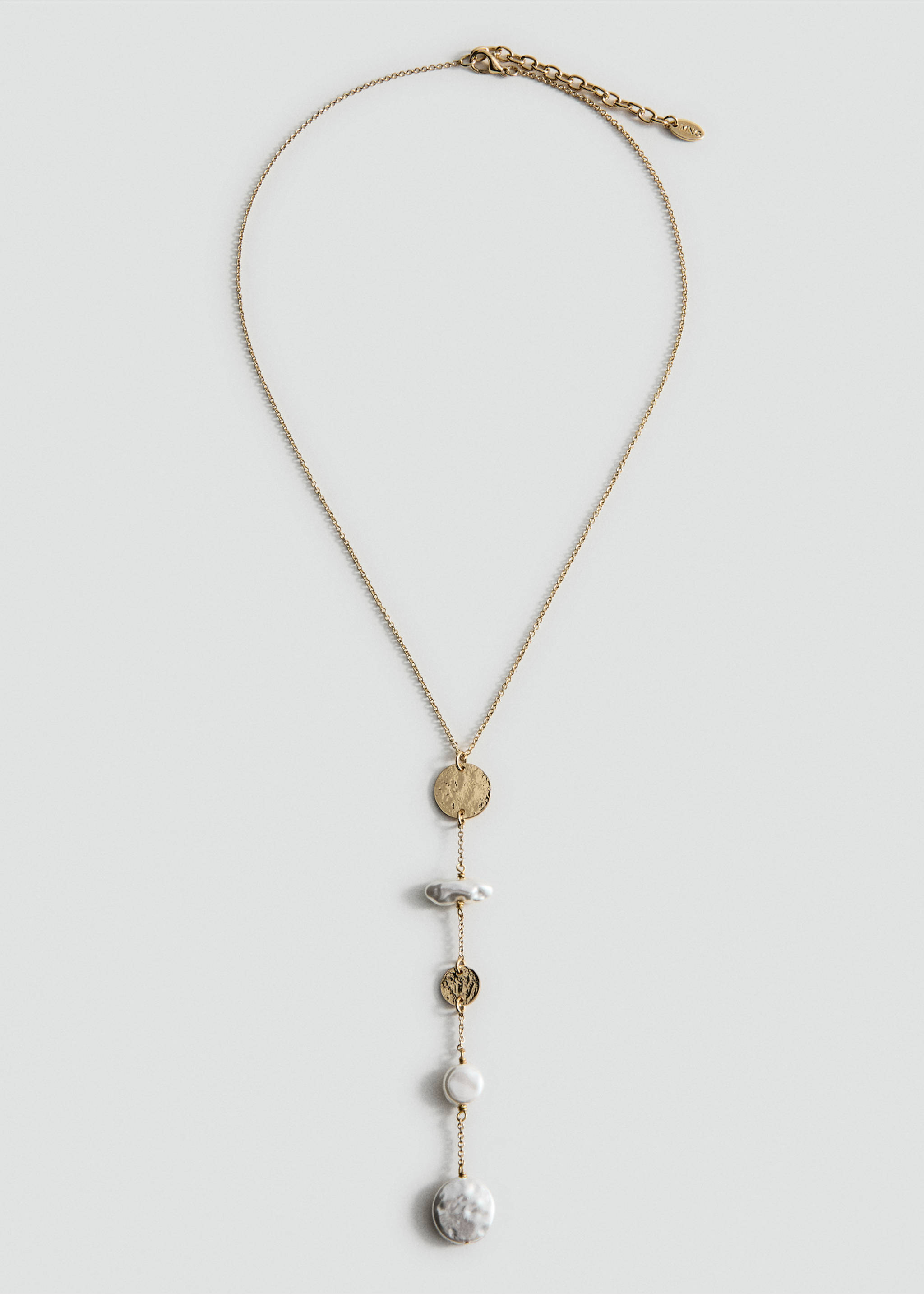 Gold-toned chain necklace with a vertical drop of metallic discs and pearl-like beads., Gold. Ref: 27045991-00.