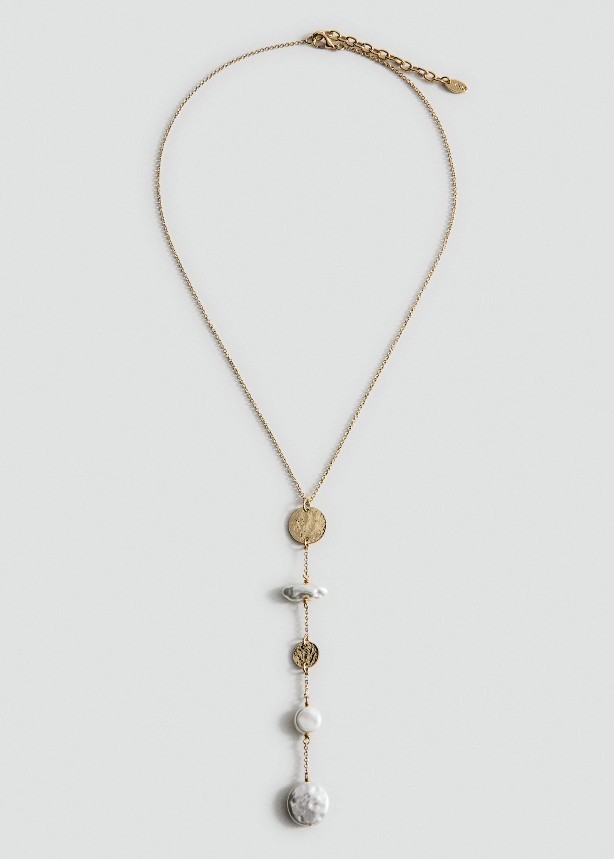 Gold-toned chain necklace with a vertical drop of metallic discs and pearl-like beads.