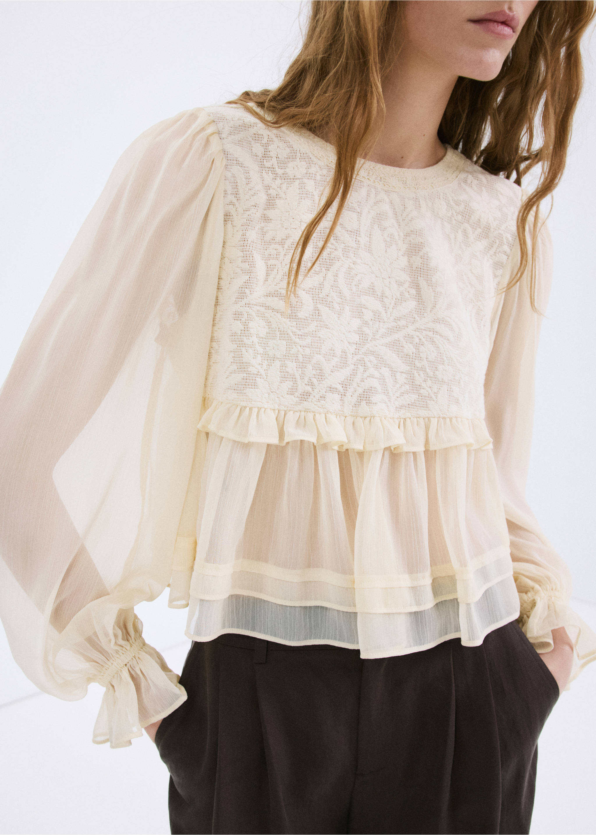 Lace contrast shirt - Medium plane, Yellow. Ref: 27047146-00.