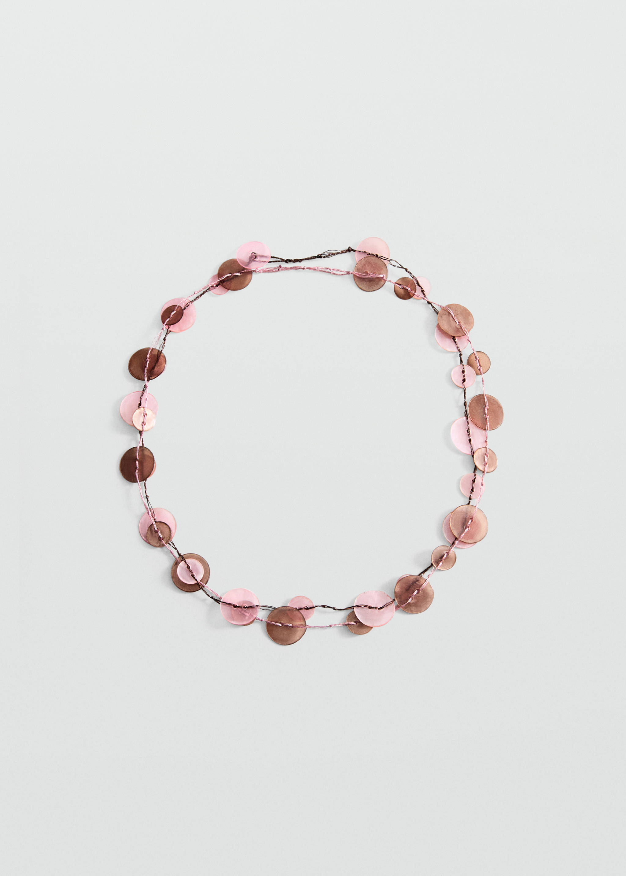 Decorative pink and brown disc collar necklace on a plain background.