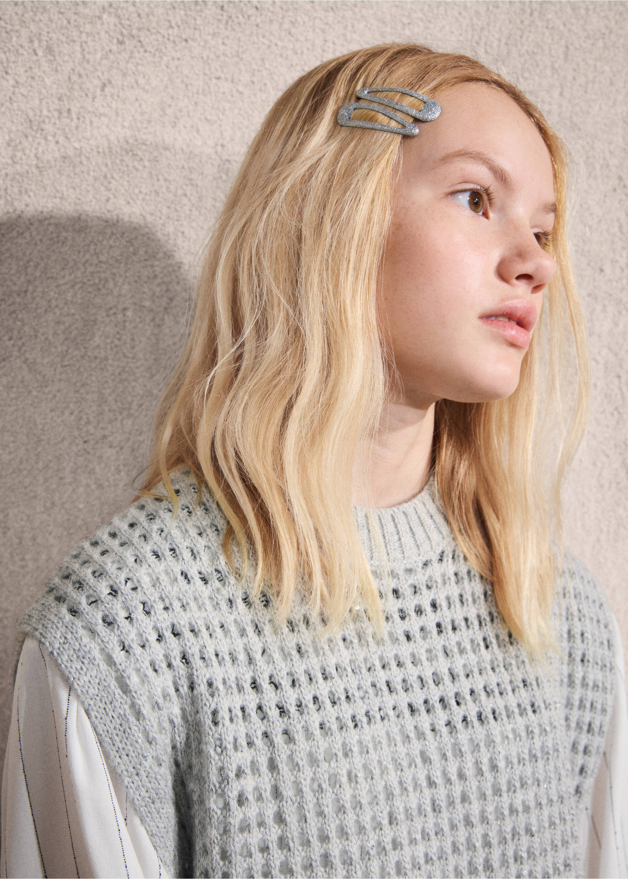 Light grey knit vest with an open-work pattern worn over a white shirt., Light/Pastel Grey. Ref: 27051180-00.