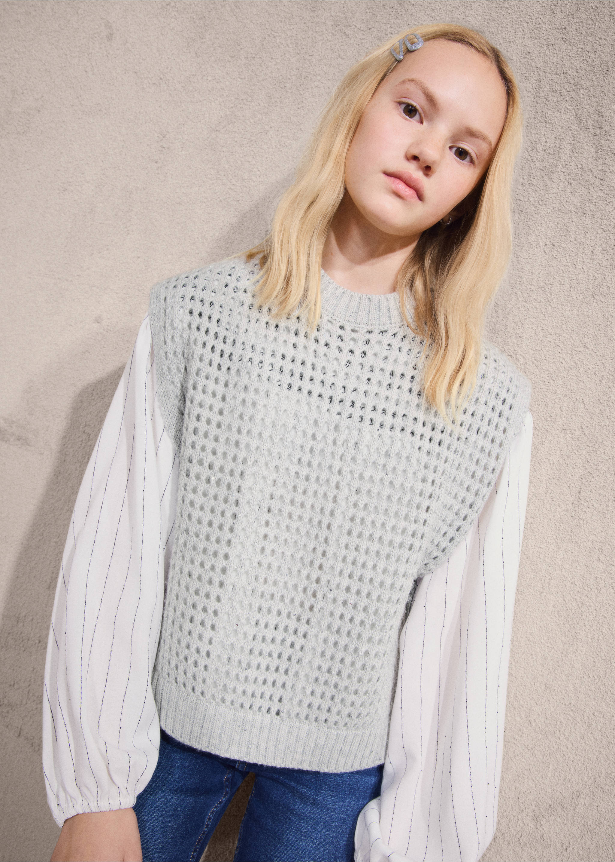 Grey knitted waistcoat with open-work pattern and ribbed round neckline., Light/Pastel Grey. Ref: 27051180-00.
