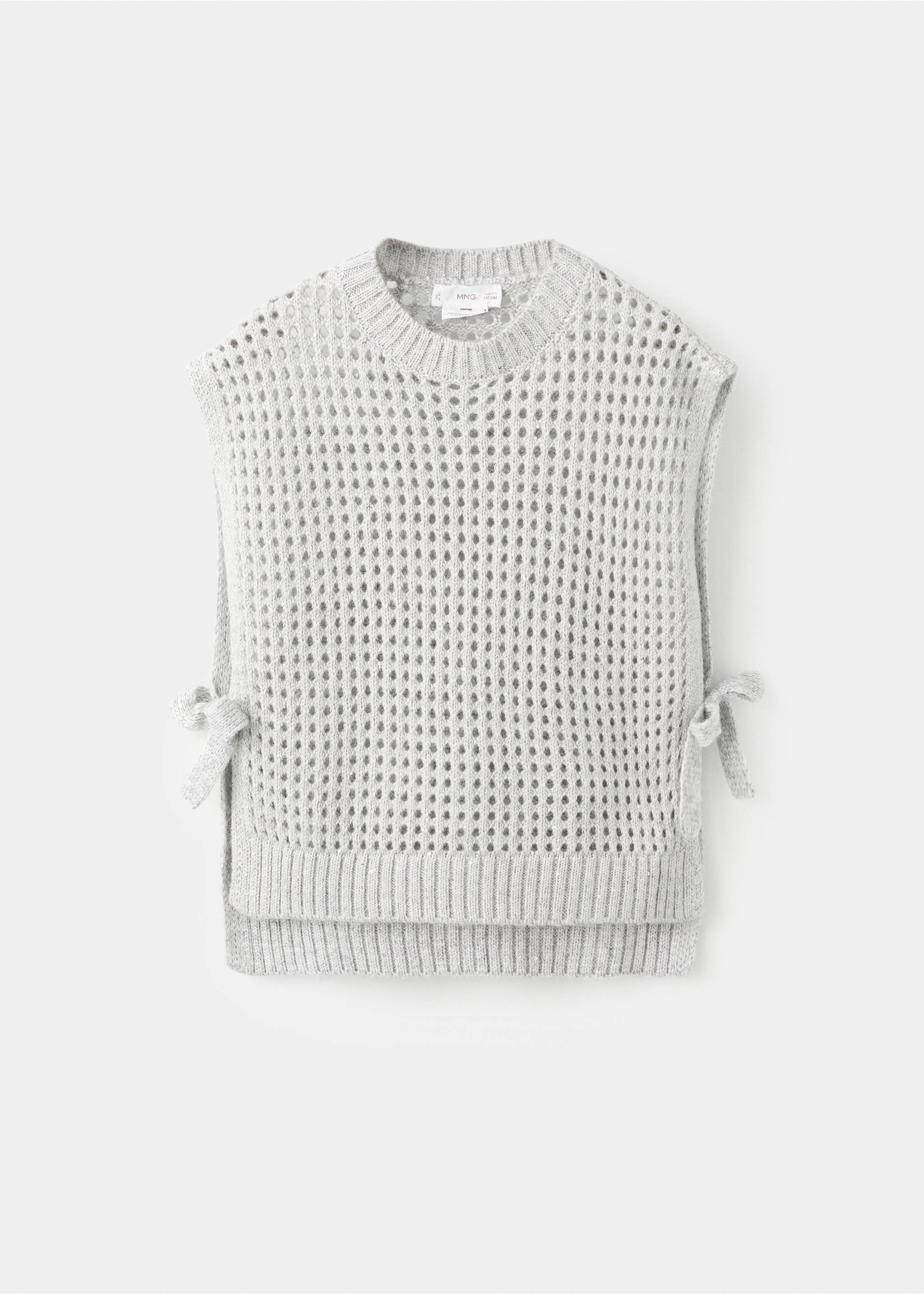 Light grey open-work knit kids' vest with a round neck and side ties., Light/Pastel Grey. Ref: 27051180-00.