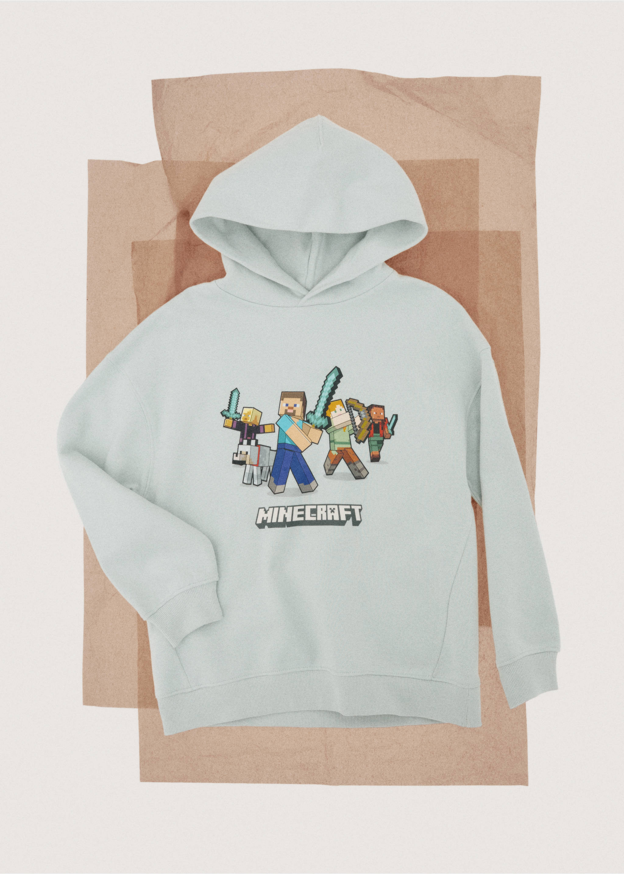 Light grey-green kids' hoodie with a Minecraft graphic and hood., Aqua Green. Ref: 27051187-00.