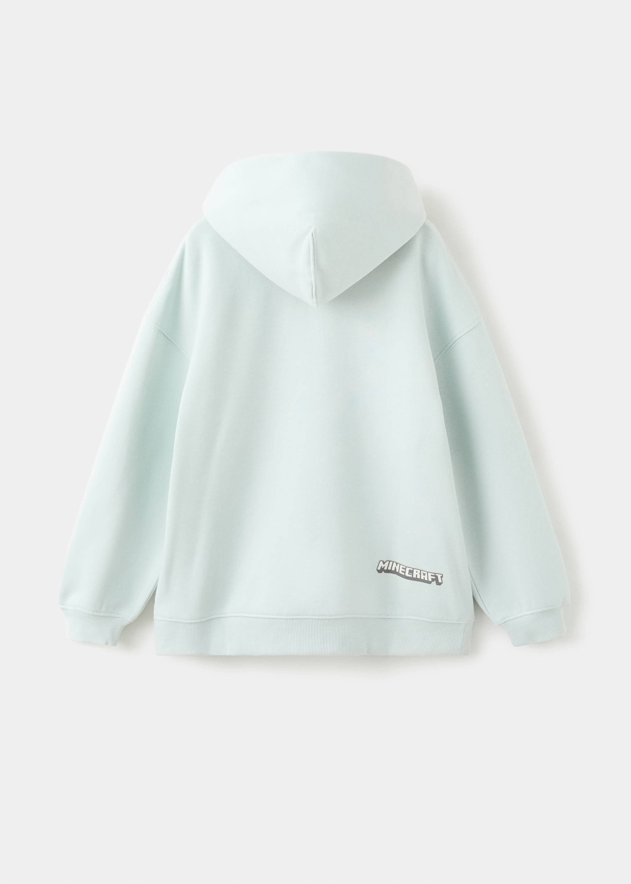 Light blue Minecraft hoodie, shown from the back.