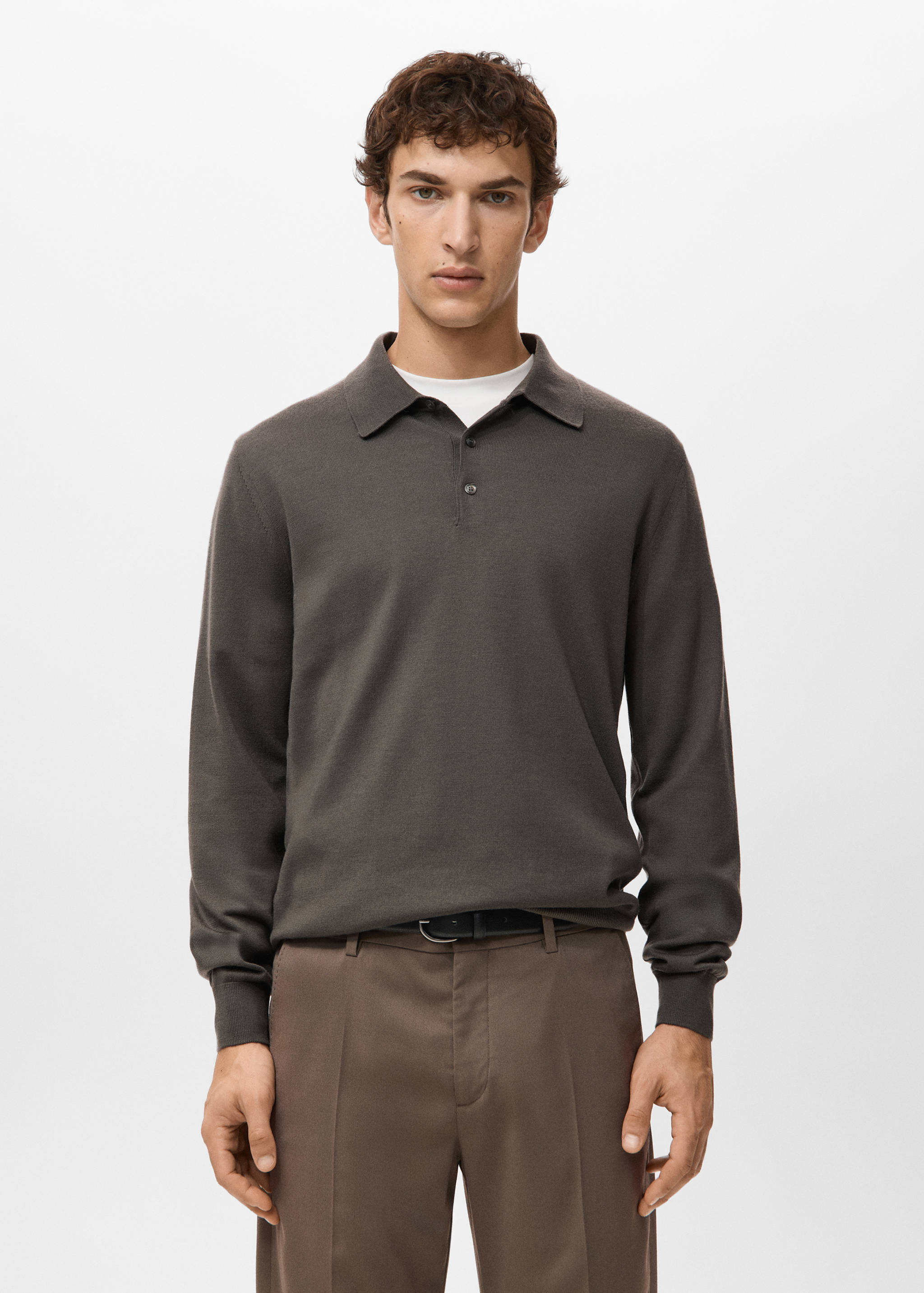Dark grey long-sleeved knit polo shirt with a classic collar.