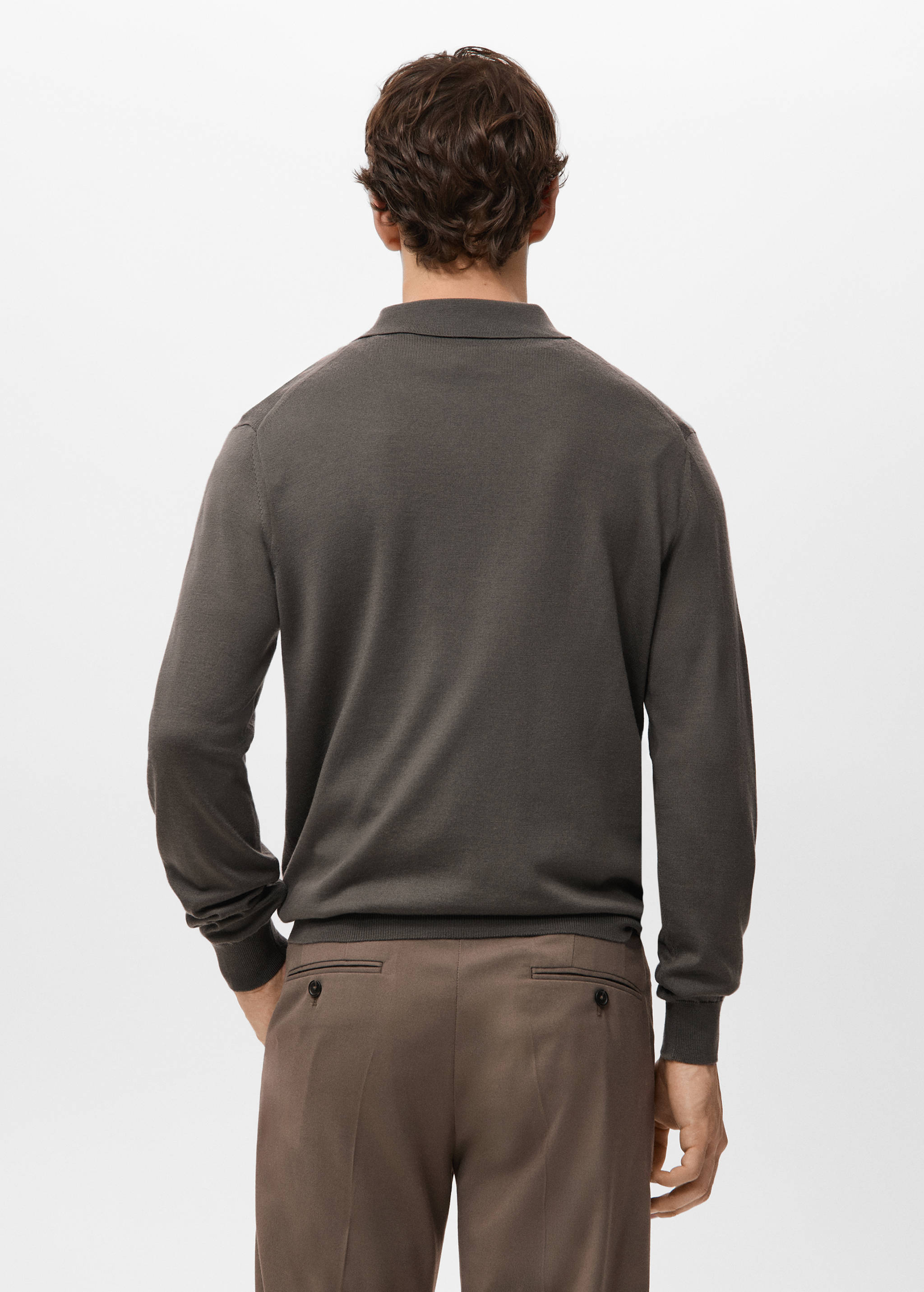 Dark grey long-sleeve knit polo, back view.