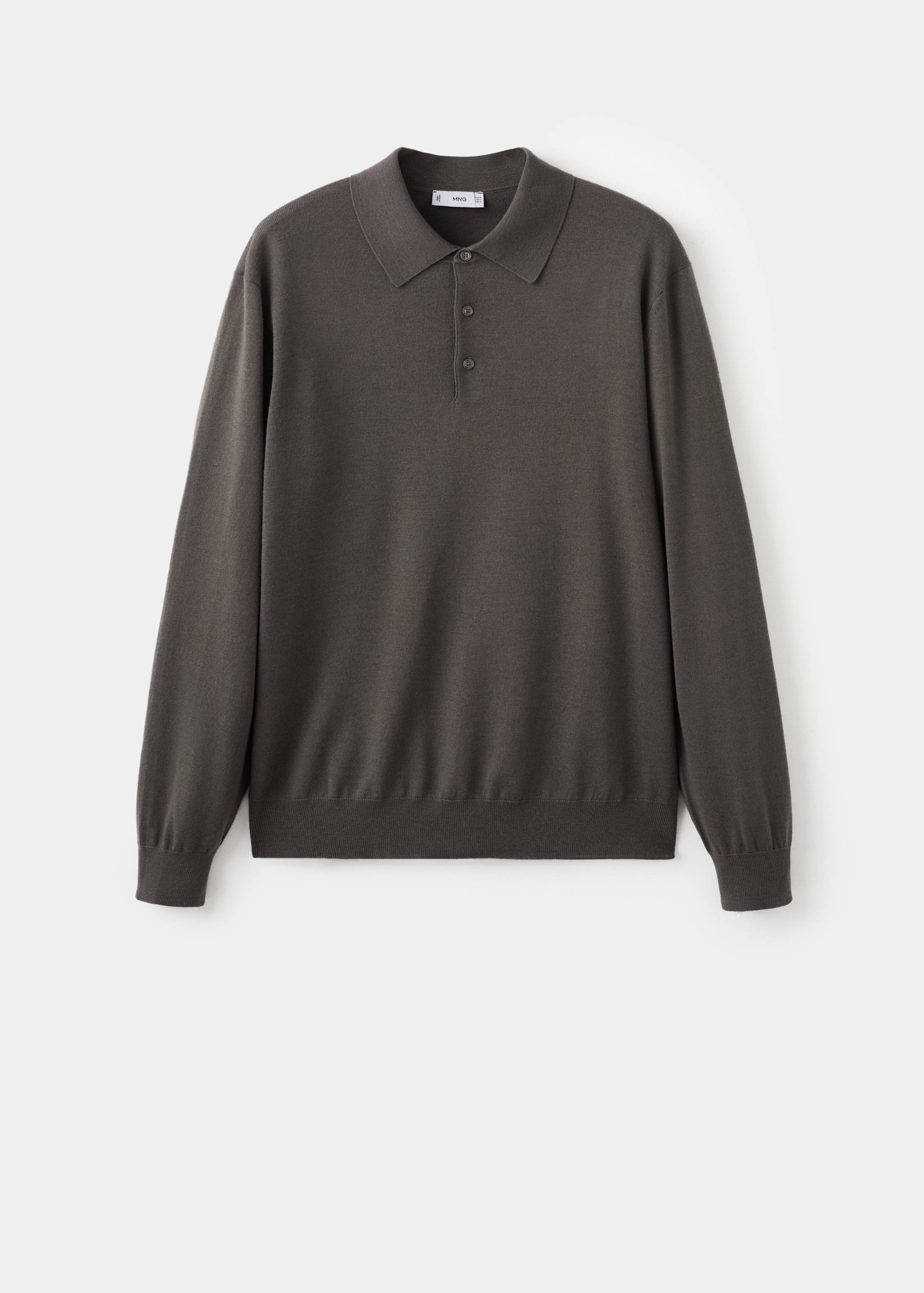 Dark grey long-sleeve knit polo with a button placket.
