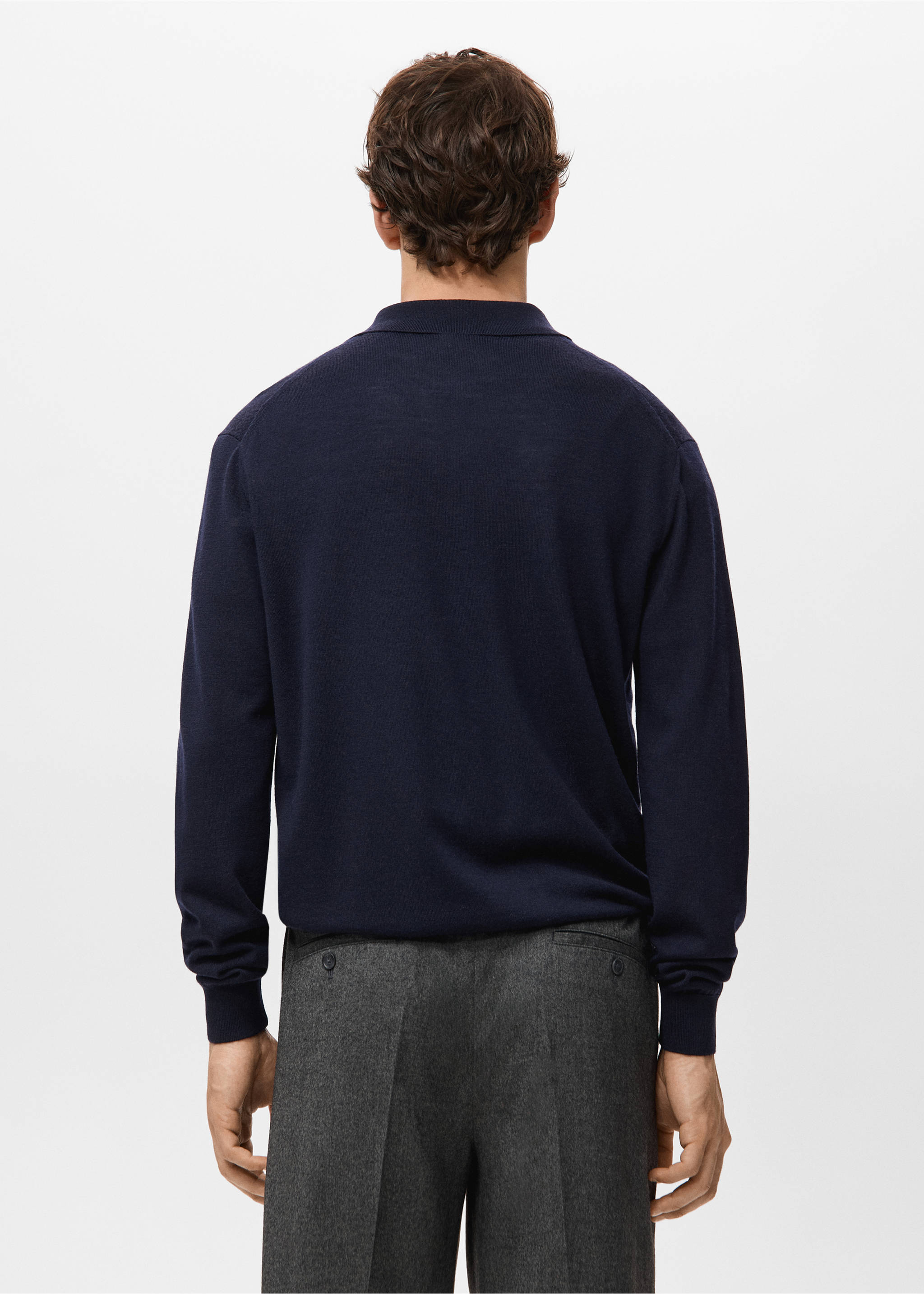 Dark navy blue long-sleeved polo shirt, back view., Navy. Ref: 27051283-00.