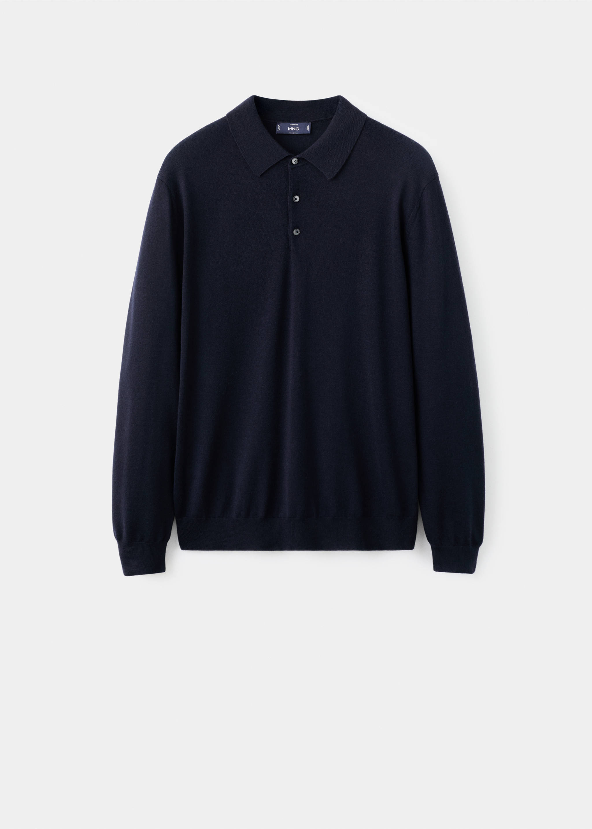 Navy blue knit long-sleeved polo with a classic collar and button placket., Navy. Ref: 27051283-00.