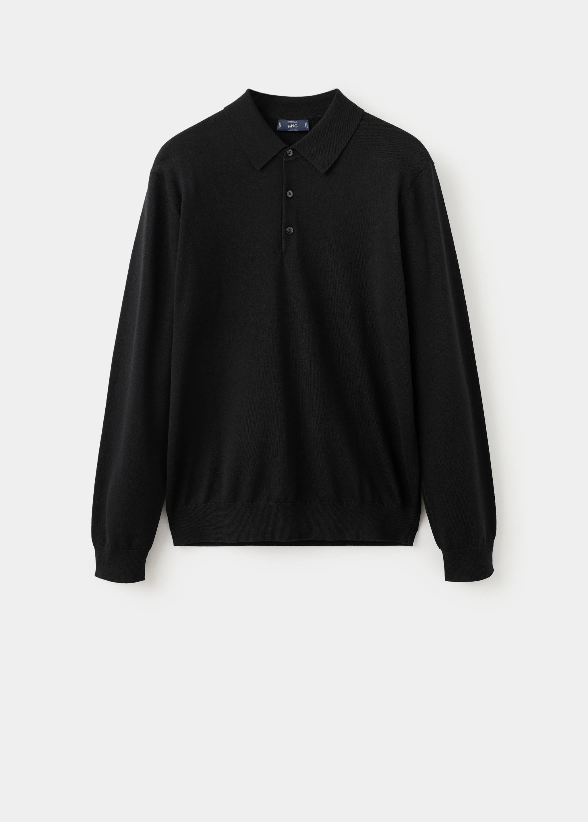 Black long-sleeved knit polo with a button placket and ribbed trim.