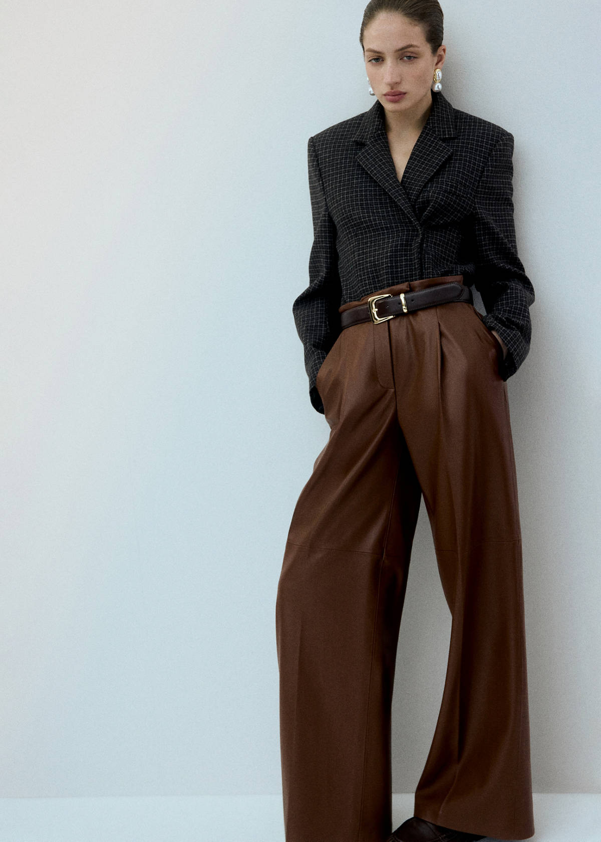 Wide leg faux-leather trousers