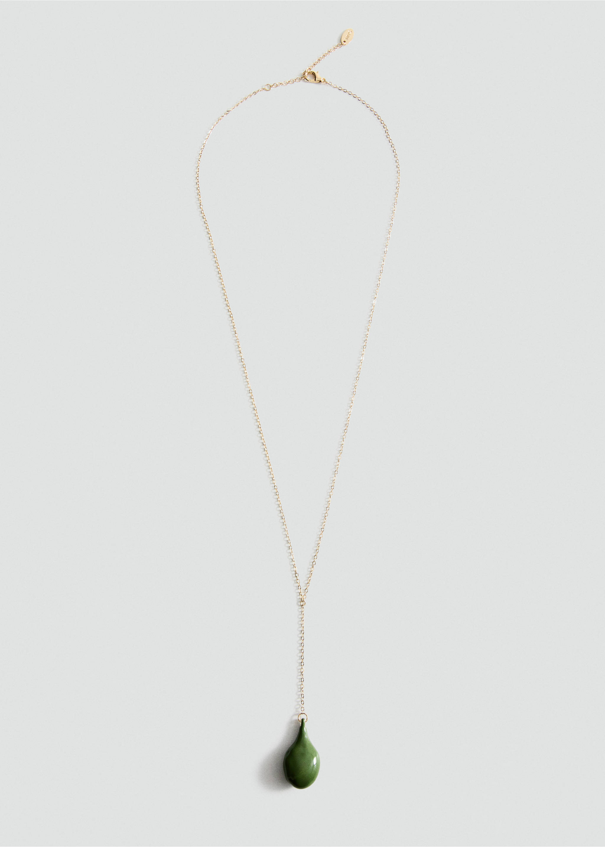 Gold-toned metal chain necklace with a glossy dark green teardrop pendant., Gold. Ref: 27052923-00.