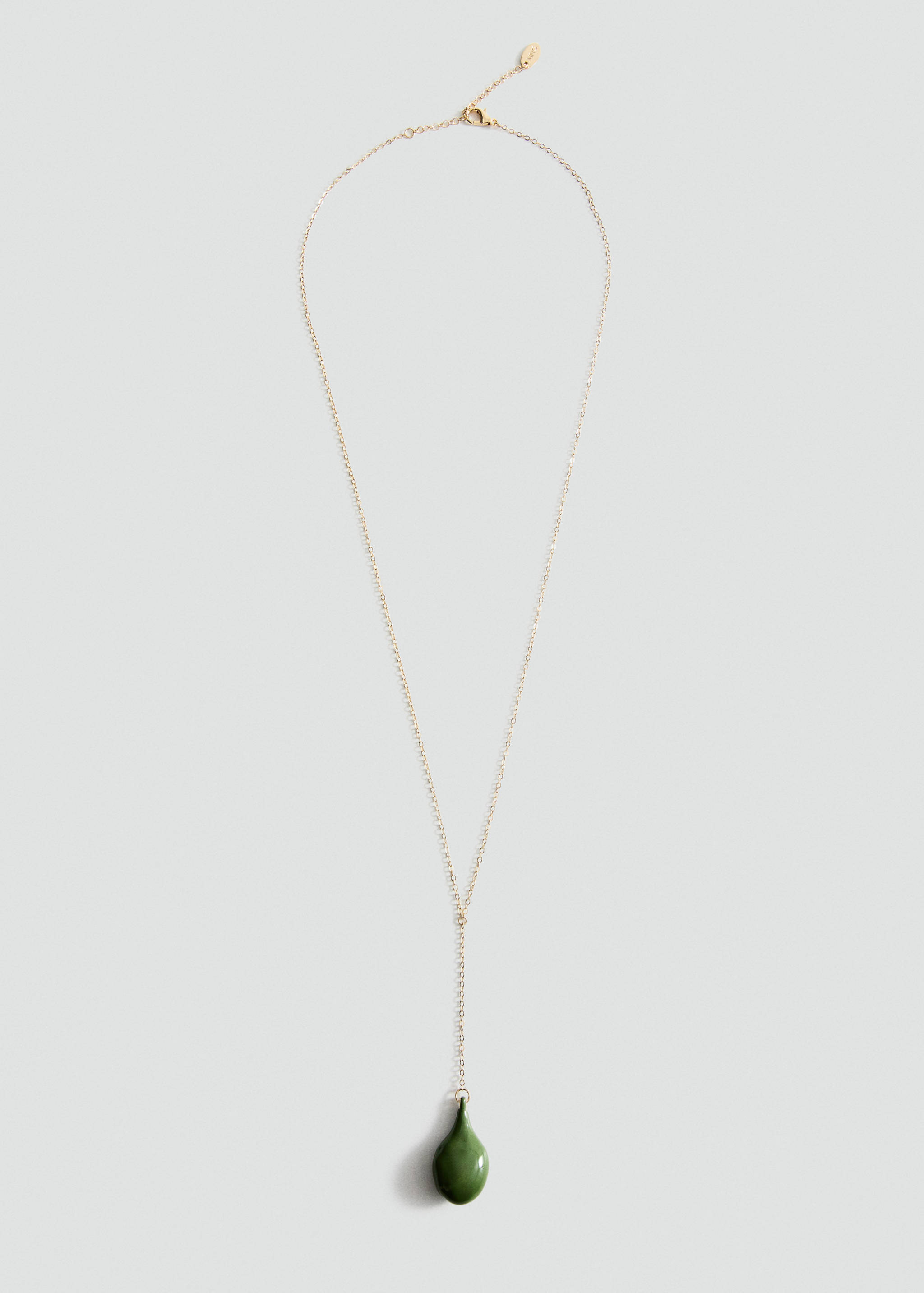 Gold-toned metal chain necklace with a glossy dark green teardrop pendant.