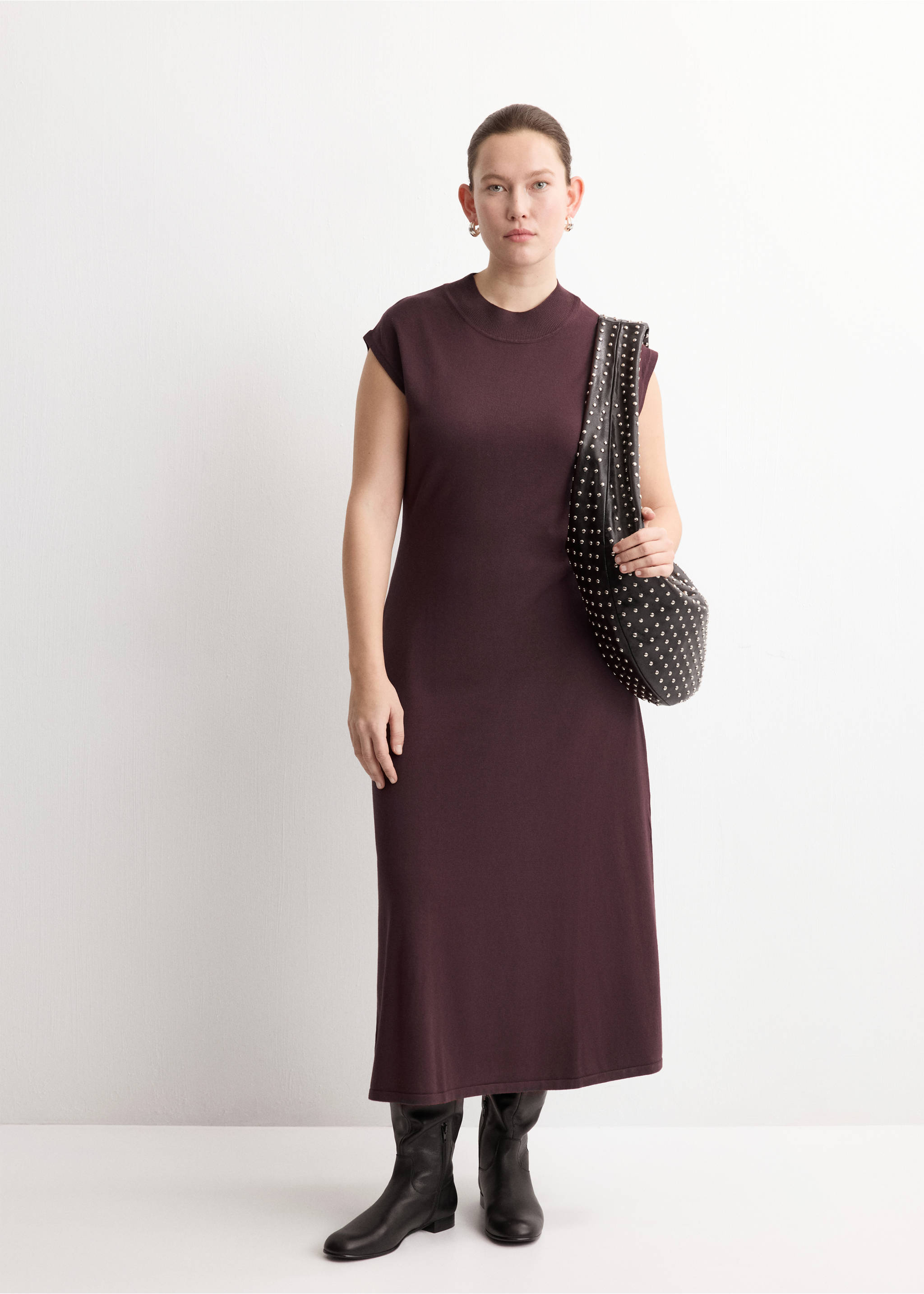 Dark plum midi dress with mock neck and cap sleeves, styled with a studded shoulder bag., Chocolate. Ref: 27054084-00.