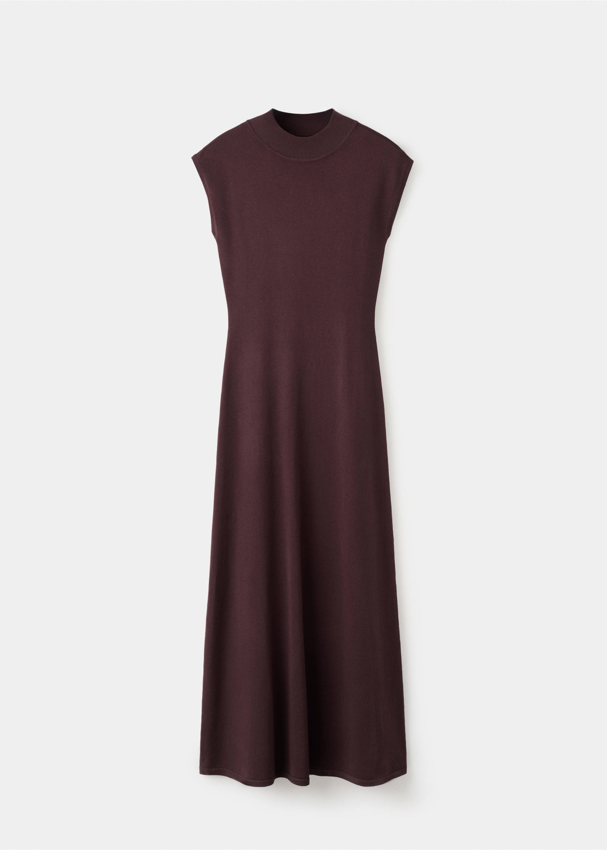 Burgundy knit midi dress with a high neckline and sleeveless design., Chocolate. Ref: 27054084-00.