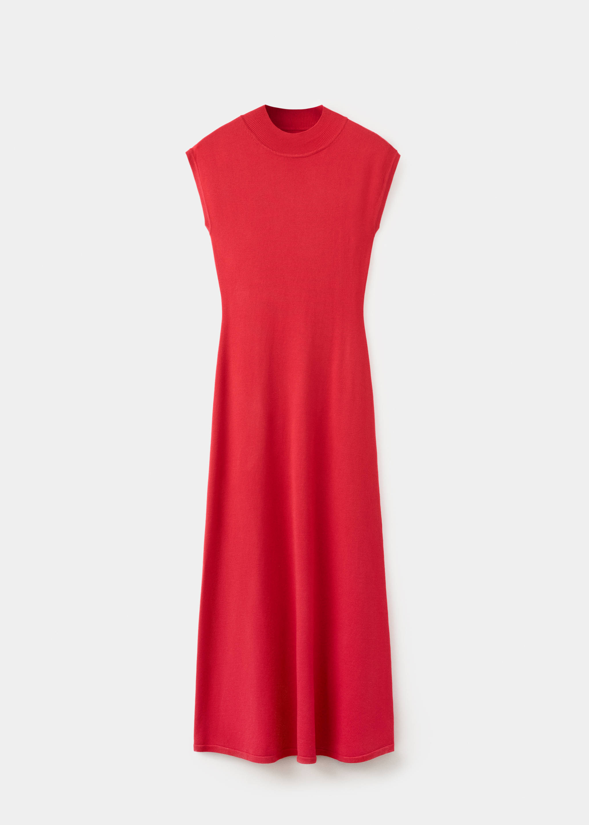 Red sleeveless midi dress with a high mock neckline.