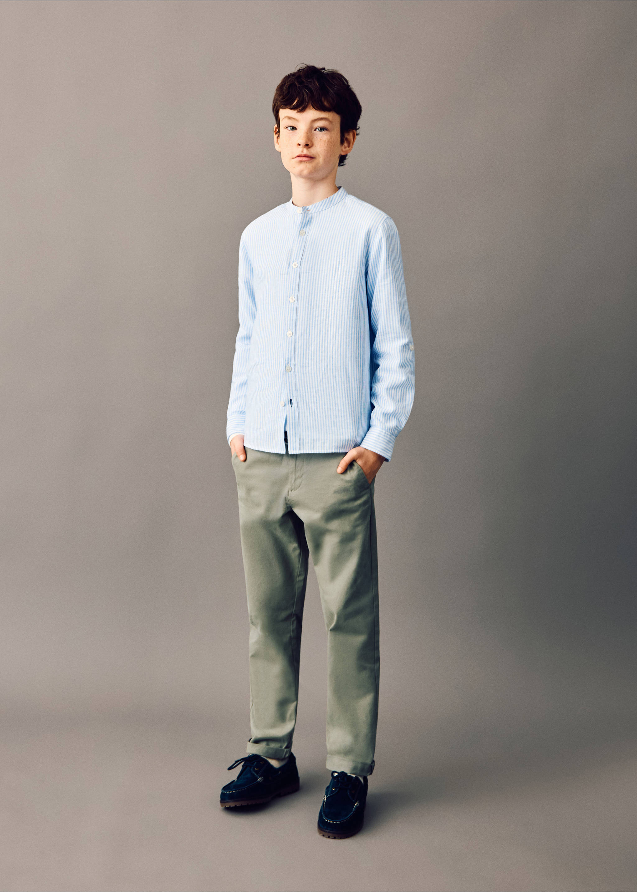 Sage green trousers with a straight leg fit, worn with a striped shirt., Khaki. Ref: 27054403-00.