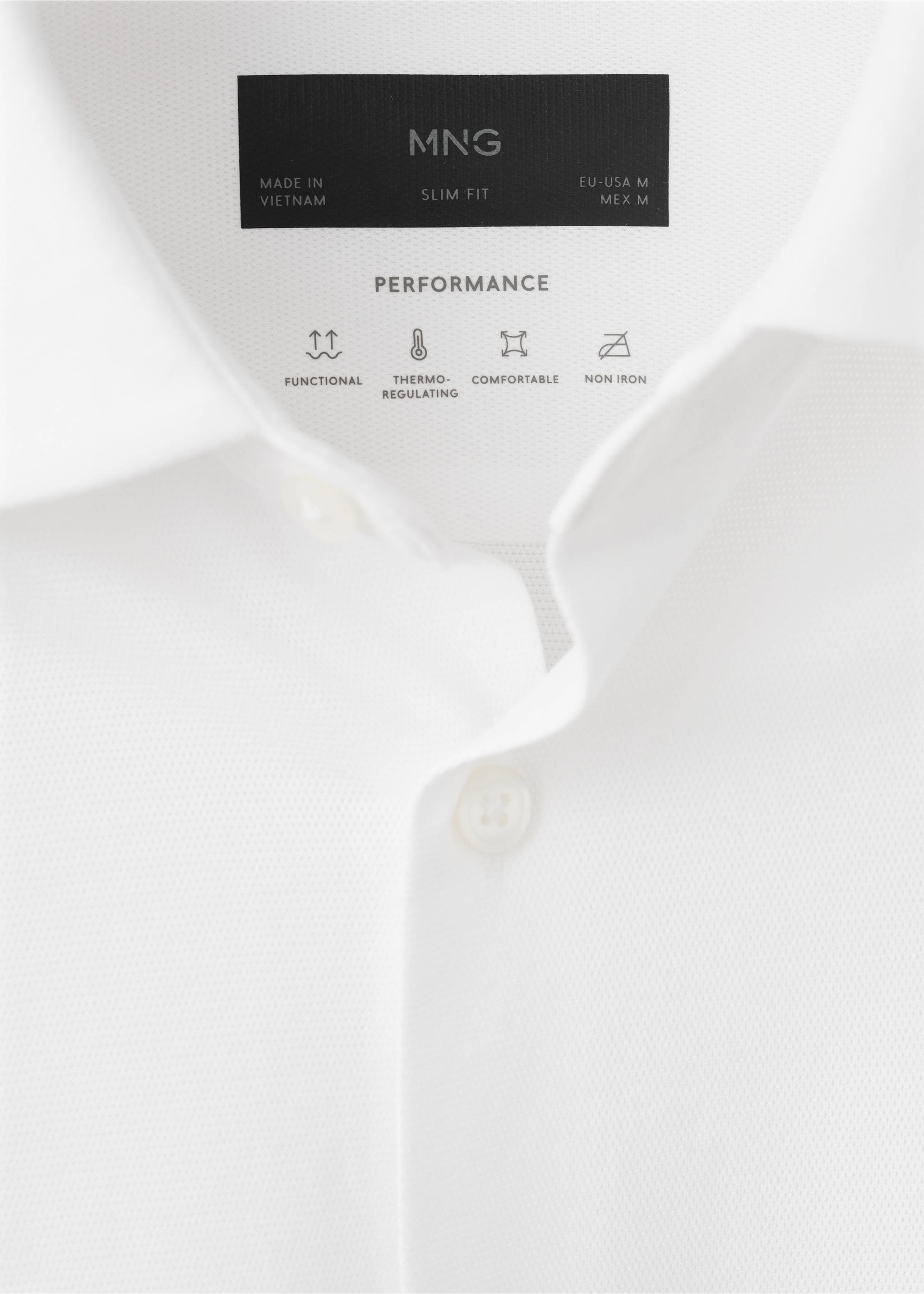 Close-up of a white slim-fit shirt collar with performance details., White. Ref: 27054422-00.