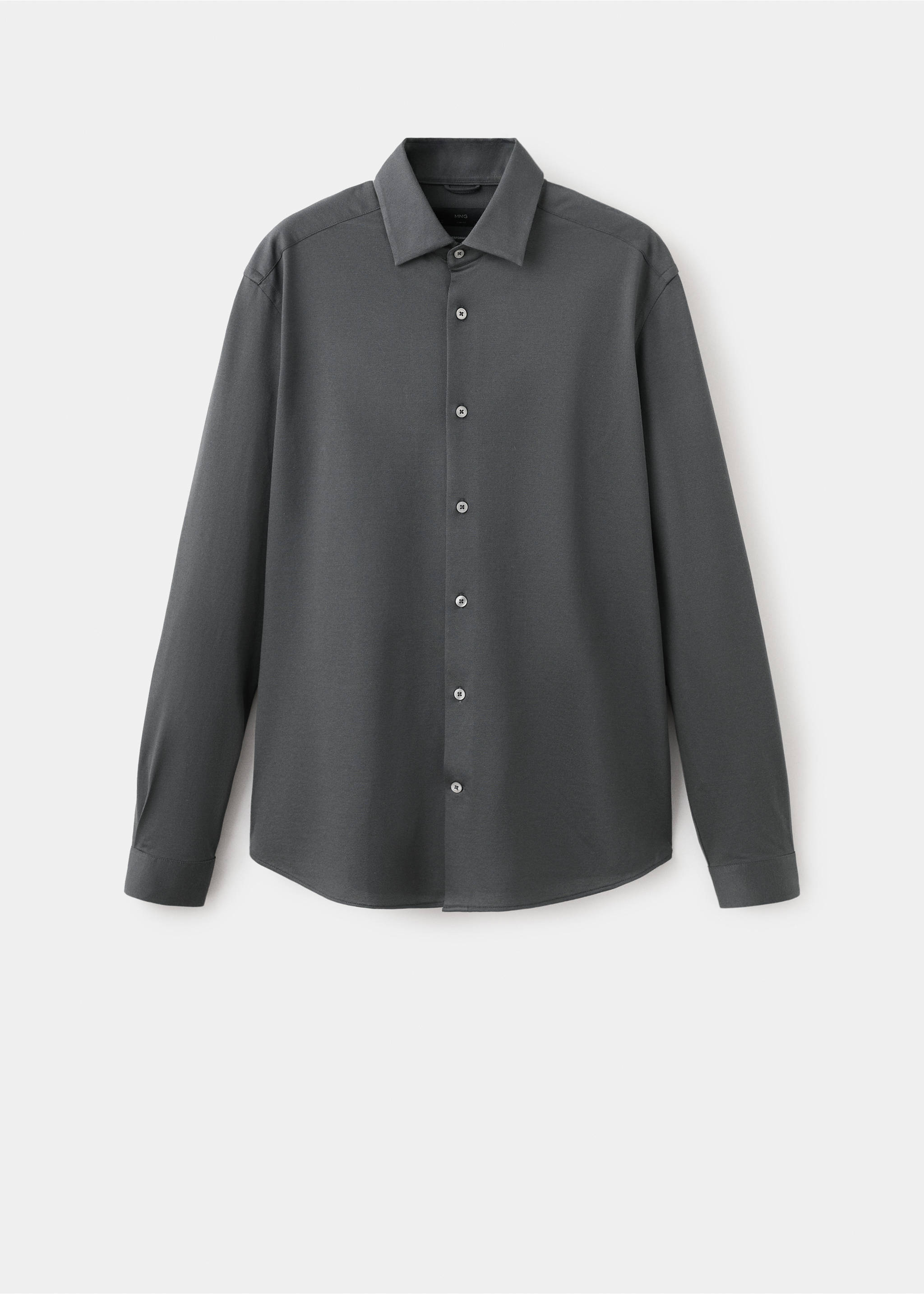 Dark grey long-sleeved shirt with a classic collar and button placket., Charcoal. Ref: 27054422-00.