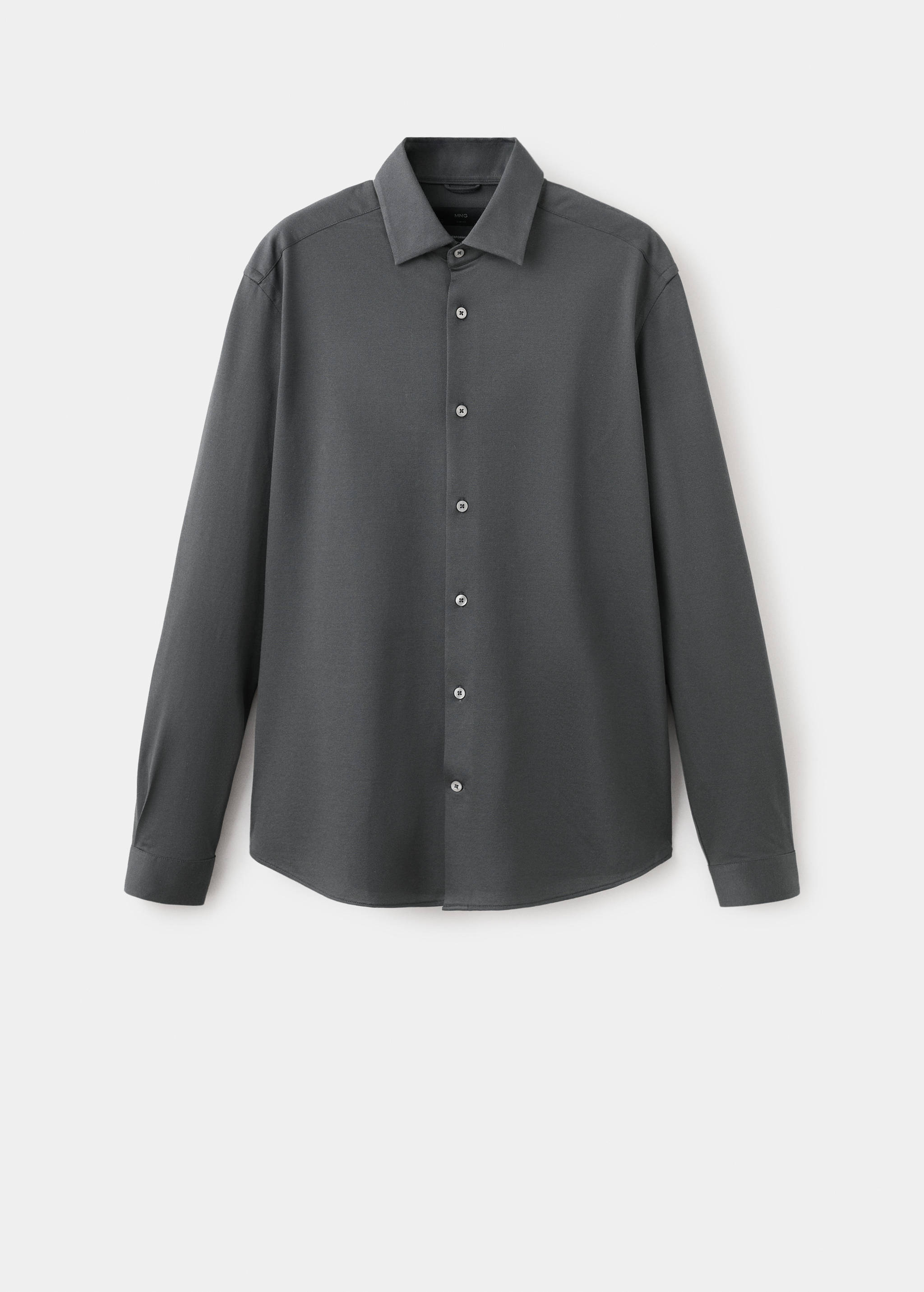 Dark grey long-sleeved shirt with a classic collar and button placket.