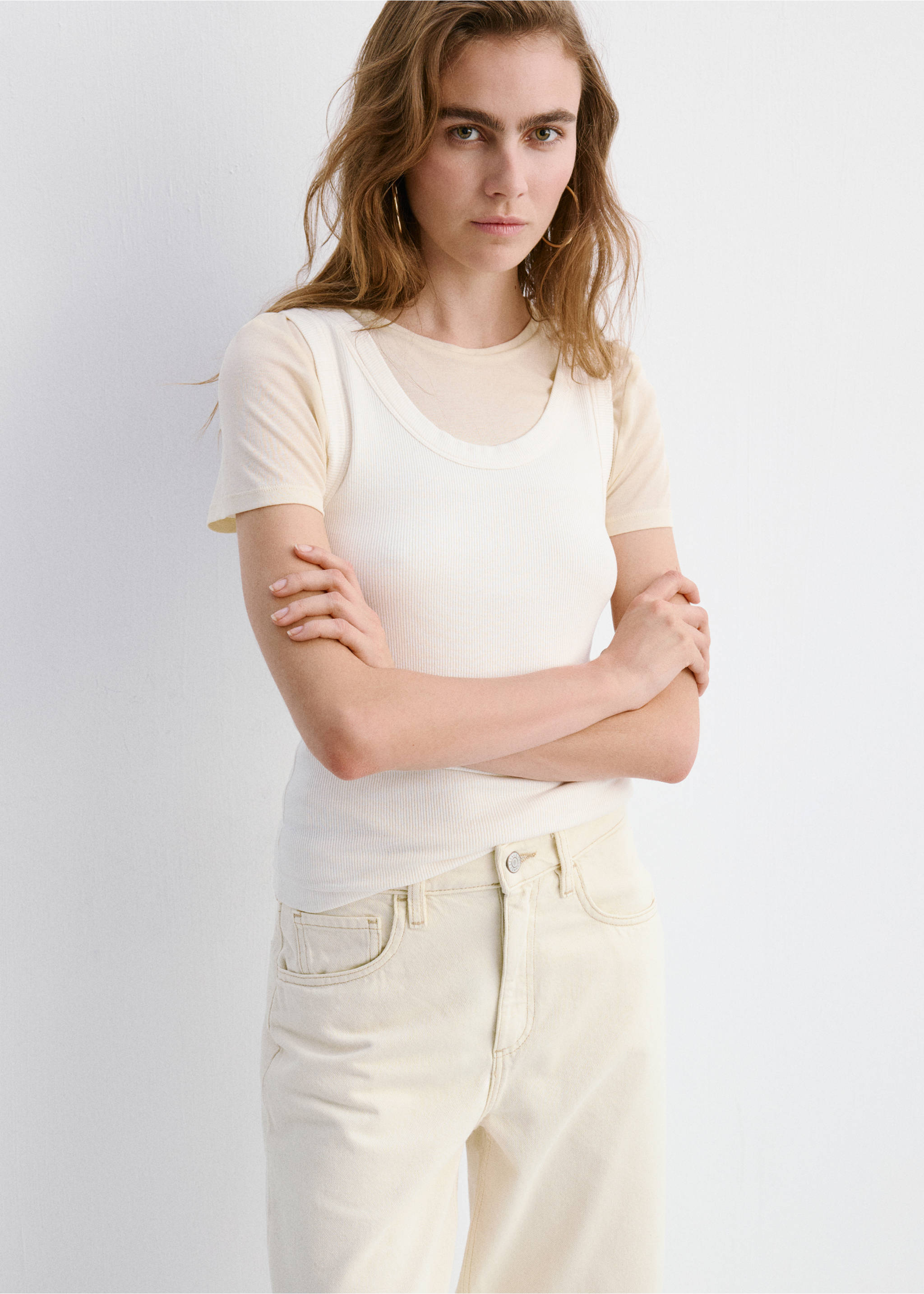 Barrel-Jeans mit hoher Taille - Mittlere Ansicht, Cremeweiß. Ref: 27054770-00.