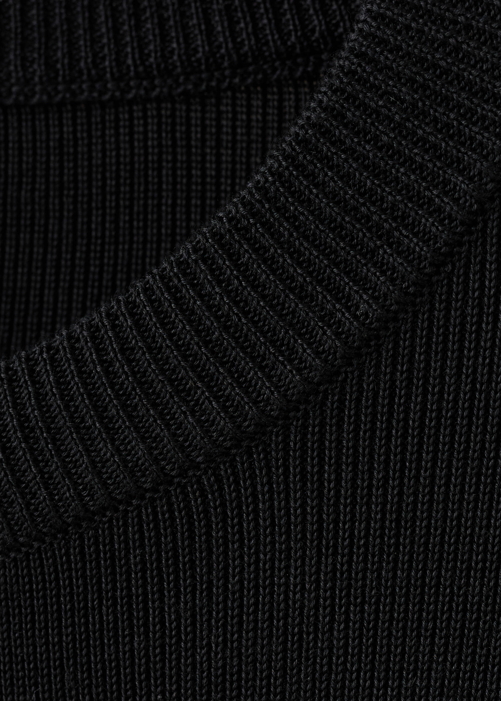 Black cardigan fabric detail showing a ribbed knit texture.