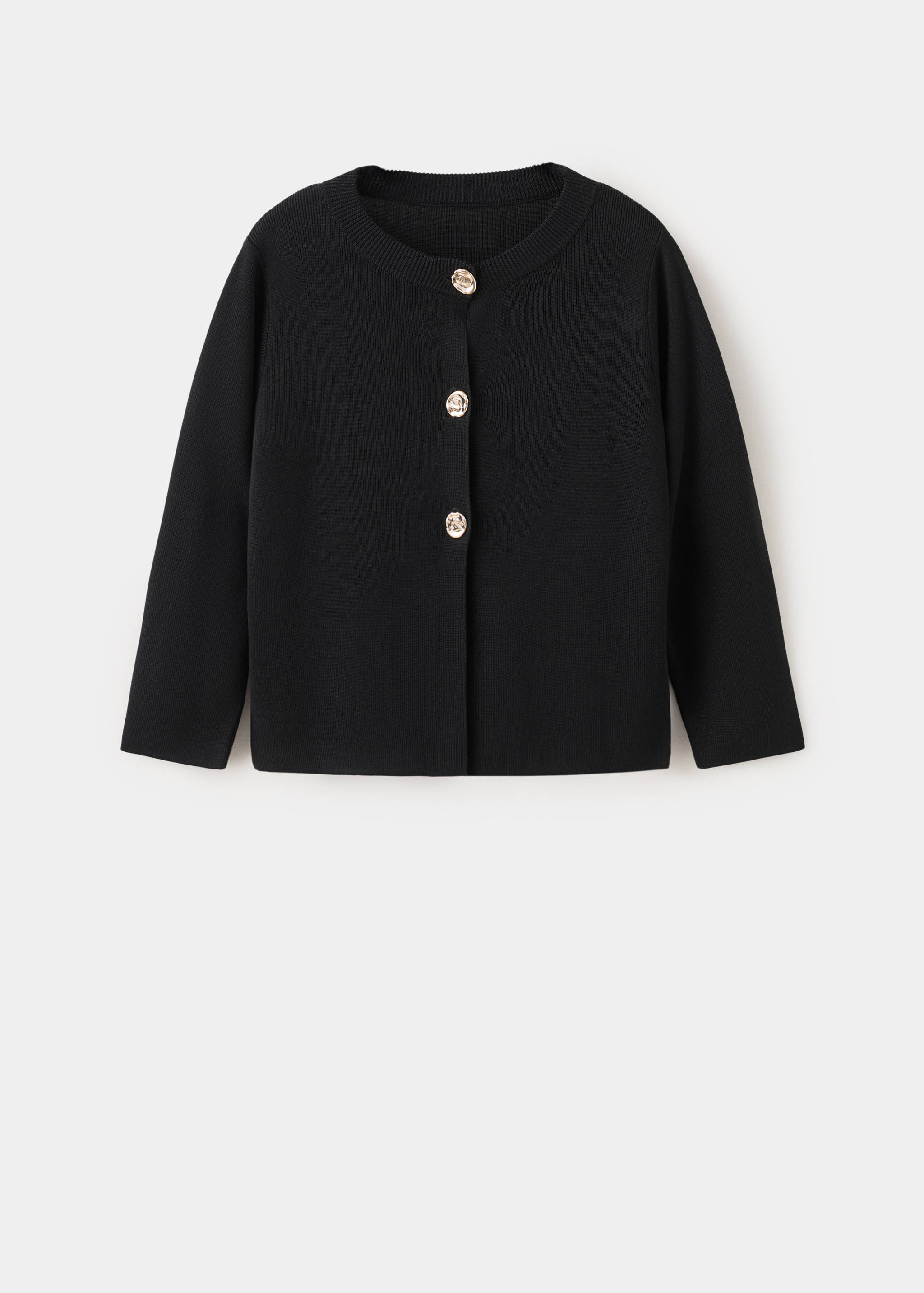 Black cardigan with a round neckline and ornate gold buttons.
